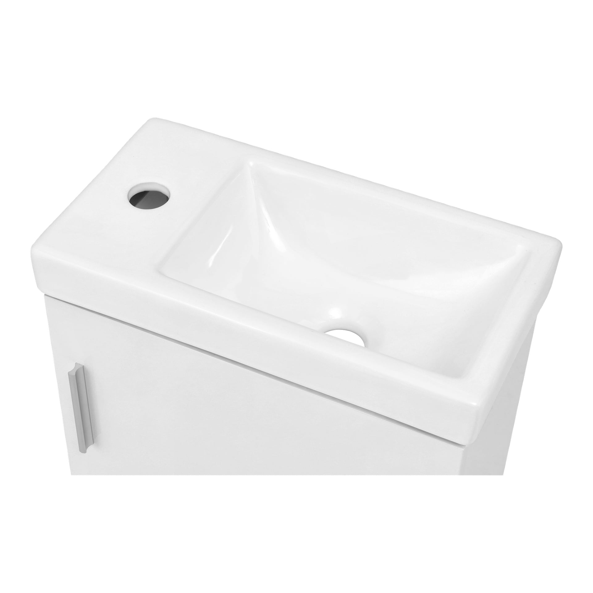 EKVIP Badezimmerausstattung mit einem weißen rechteckigen Waschbecken, das links ein einziges Wasserhahnloch und in der Mitte ein quadratisches Waschbecken hat, das auf einem Schrank mit senkrechter Griff links platziert ist. Aus einer schrägen Perspektive von oben dargestellt.