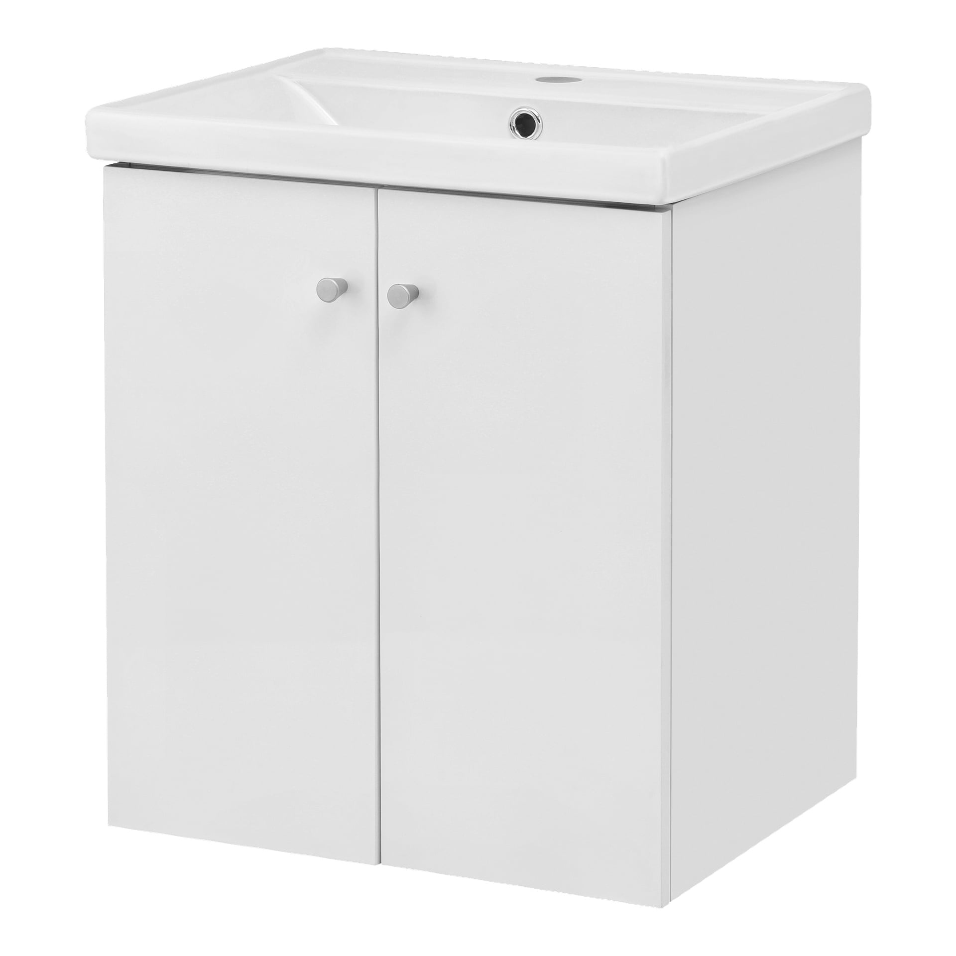 Das EKVIP Badezimmerset zeigt einen minimalistischen weißen Waschtisch mit zwei Türen und modernen silbernen Griffen. Oben befindet sich ein rechteckiges Waschbecken, das ein vorgebohrtes Loch für den Wasserhahn und eine Überlauföffnung zur Praktikabilität bietet.