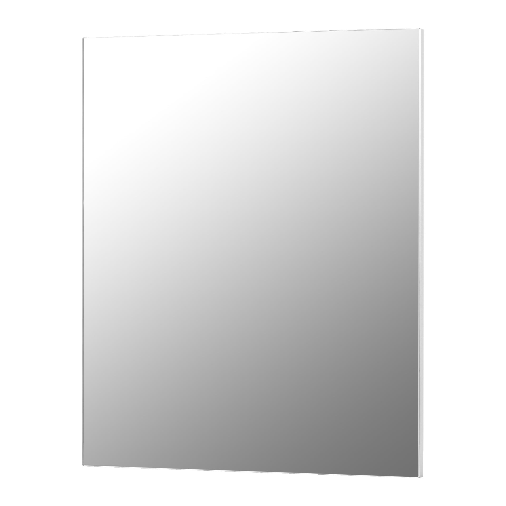 Ein EKVIP Badezimmer-Set enthält einen rechteckigen, rahmenlosen Spiegel mit einer reflektierenden Oberfläche, die einen Farbverlauf durch die Beleuchtung zeigt, während keine Objekte oder Dekorationen in der Spiegelung sichtbar sind.