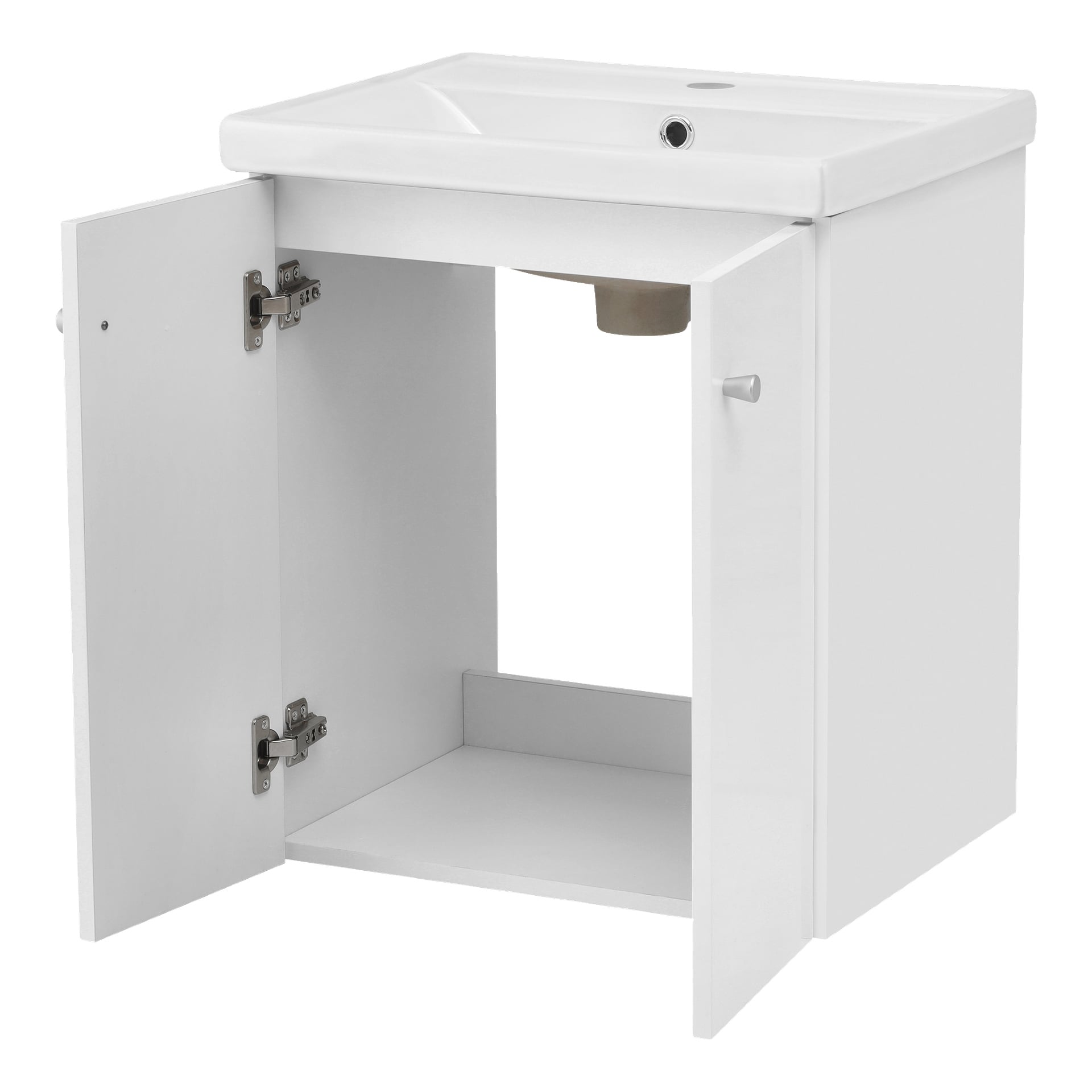Das EKVIP Badezimmerset besteht aus einem eleganten weißen Waschbecken, der von einem rechteckigen Waschbecken bedeckt ist. Die Einheit hat zwei Schranktüren, die sich öffnen lassen, um leeren Stauraum und sichtbare Sanitäranlagen unter dem Waschbecken zu zeigen.
