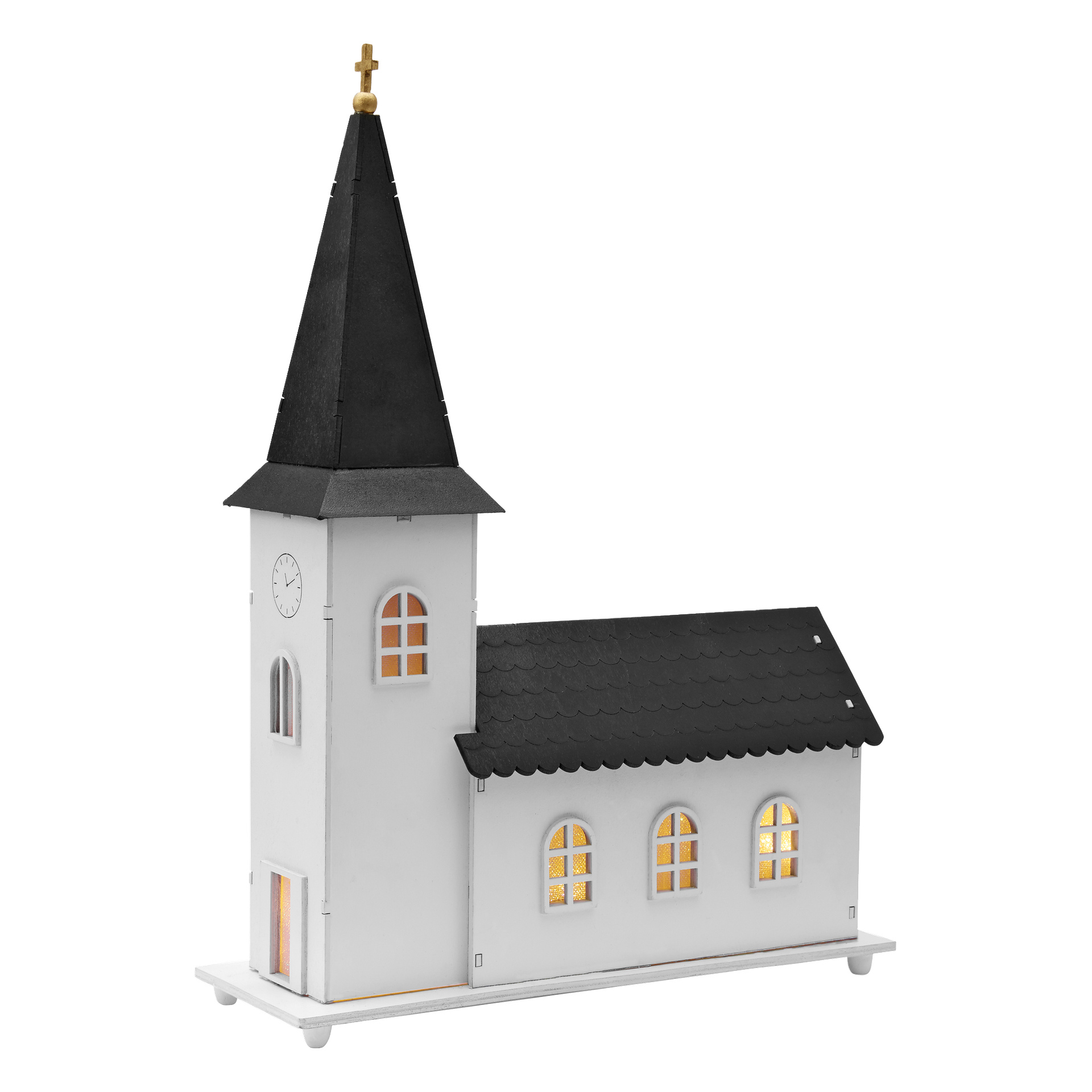 EKVIP-kyrkan med musikdosa och LED-lampor visar en vit byggnad med ett högt svart torn, välvda fönster, ett klocktorn och mjukt gult ljus inuti.