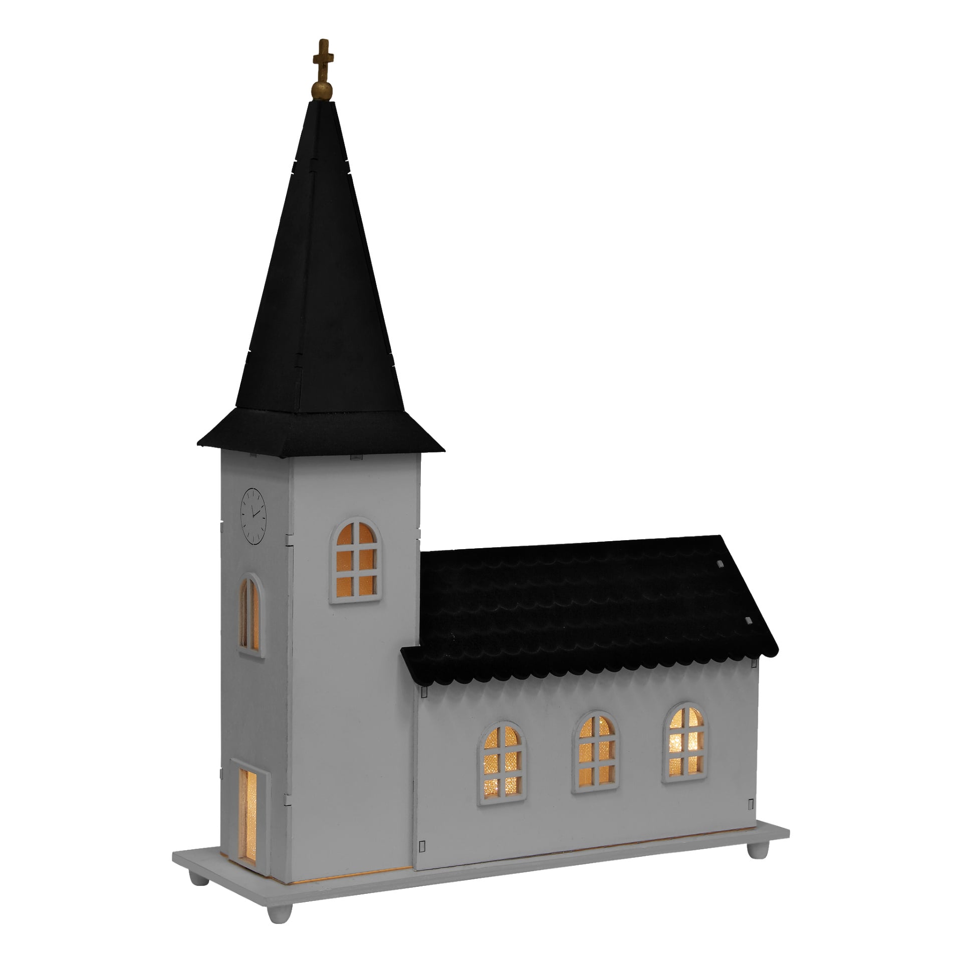 EKVIP-kyrkan med musikdosa och LED-belysning: En modell av en vit kyrka med ett högt svart torn, klocktorn, välvda fönster, lysande gula LED-lampor inuti och en platt rektangulär bas.