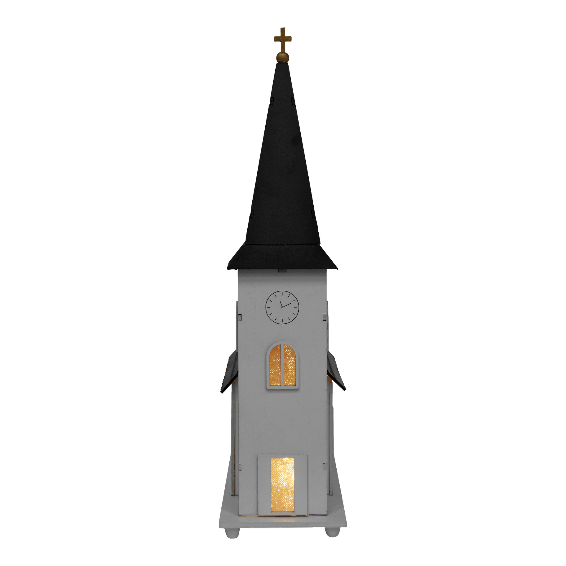 EKVIP-kyrkan med musikdosa och LED-belysning är en vit kyrkmodell med ett högt svart torn, ett guldkors, klocka, välvda fönster och varma gul-orange lampor som lyser från fönstren och dörren.