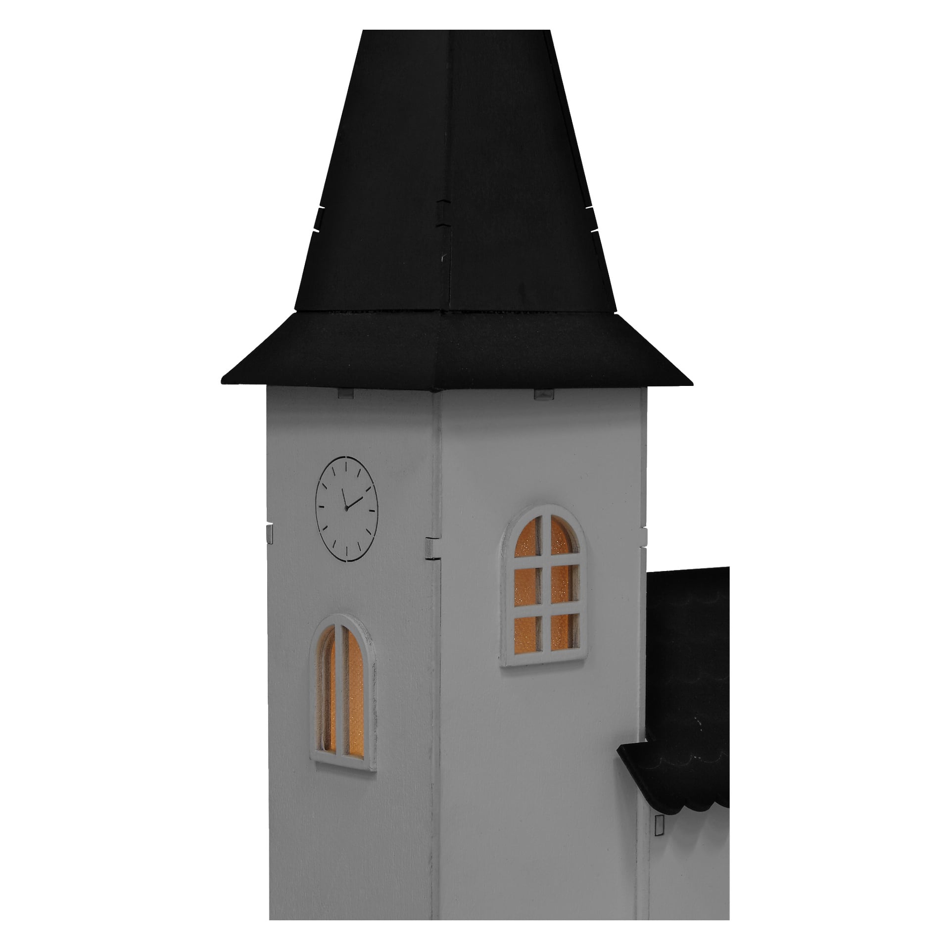 EKVIP-kyrkan med musikdosa och LED-belysning har ett vitt klocktorn med ett svart spetsigt tak, lysande välvda fönster och en klocka som visar 11:05.