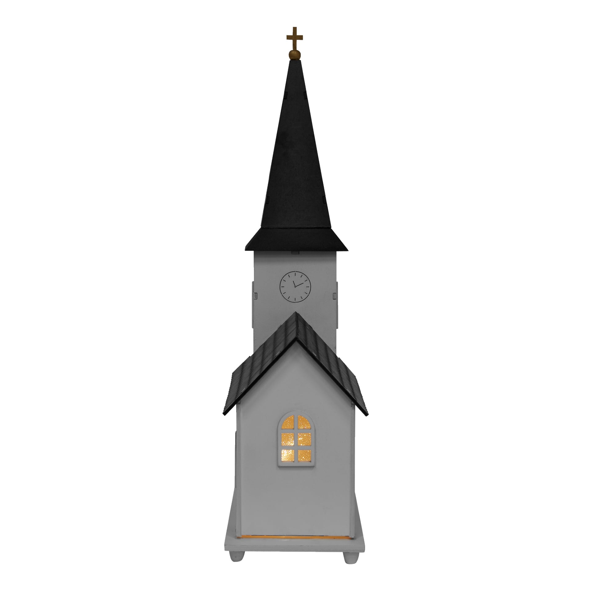EKVIP-kyrkan med musikdosa och LED-lampor har en vit exteriör, ett högt svart torn, en klocka på framsidan och upplysta fönster sett framifrån.