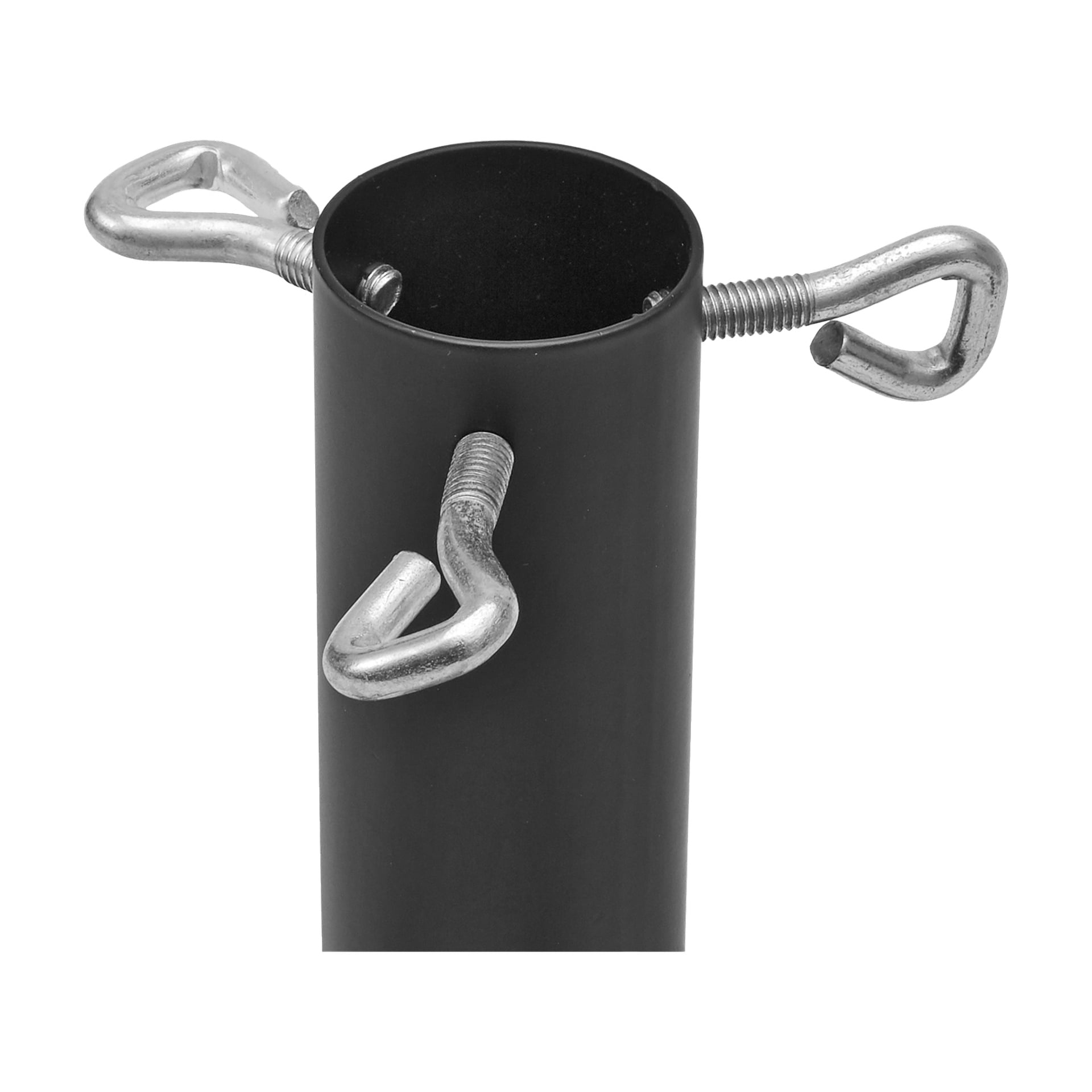 Ett svart cylindriskt metallrör, känt som EKVIP Christmas tree stand för konstgjorda träd, har tre silverögonbultar som är insatta i olika vinklar.