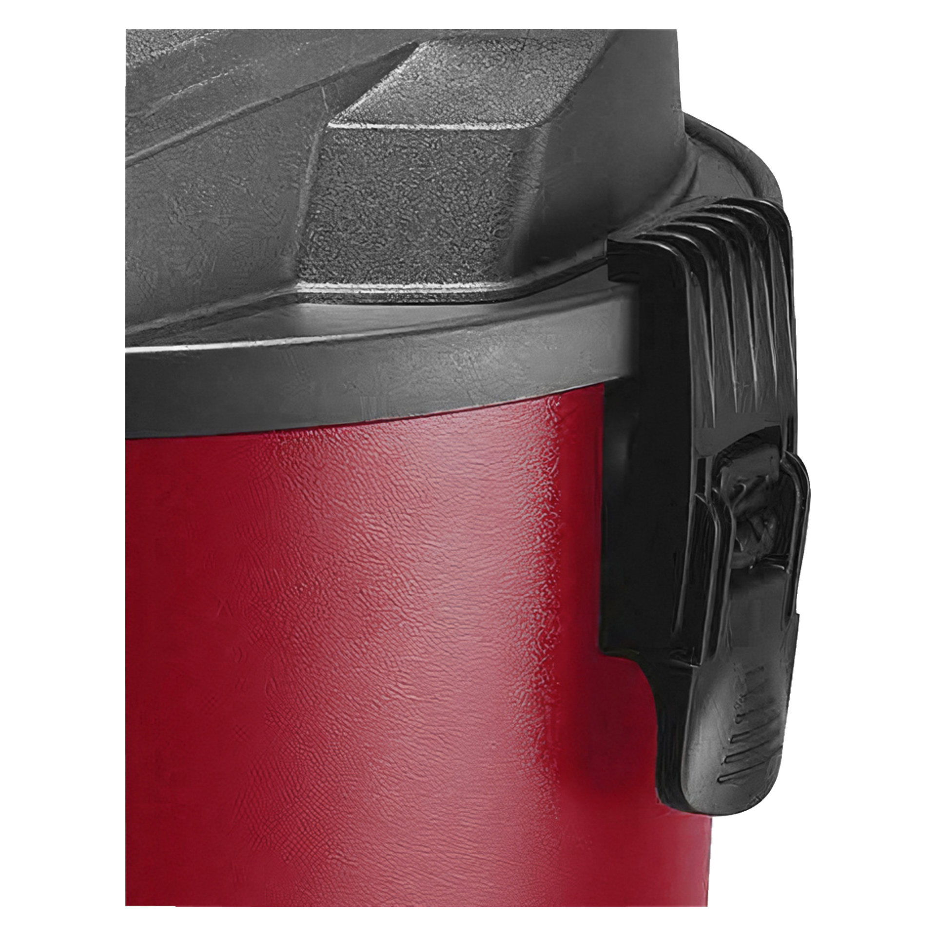 Närbild av en röd Meec Tools Dust Collector gjord av plast, som visar dess texturerade yta, ett svart lås fäst på sidan och en del av det grå locket. Låset är ordentligt stängt.