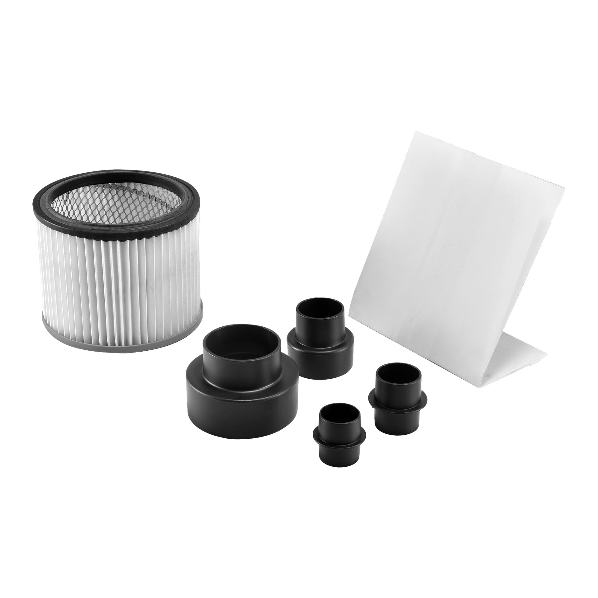 En Meec Tools dammuppsamlare med cylindriskt luftfilter, fem svarta plastadaptrar i olika storlekar och ett rektangulärt vitt filterark.