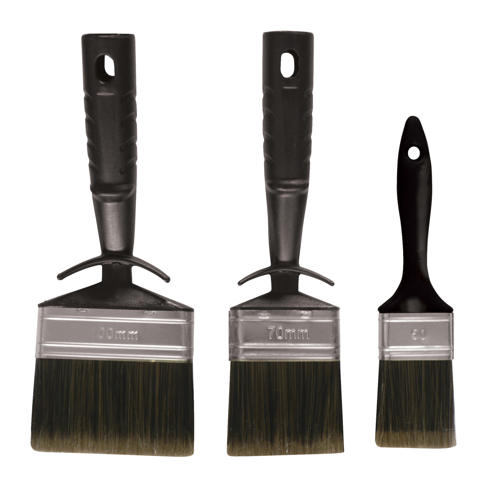 Hard Head Brush setzte drei Teile mit drei Pinseln mit schwarzen Griffen und dunklen Borsten, die auf ihren Metallhülsen mit 100 mm, 70 mm und 50 mm beschriftet waren.