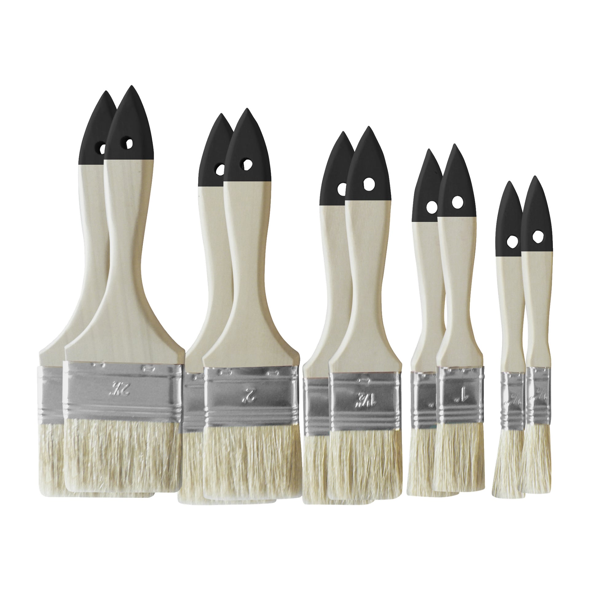 Hard Head Paintbrush Set besteht aus 10 Stücken mit hellen Holzgriffen und schwarzen Ferren, paarweise von größte bis kleinste angeordnet.