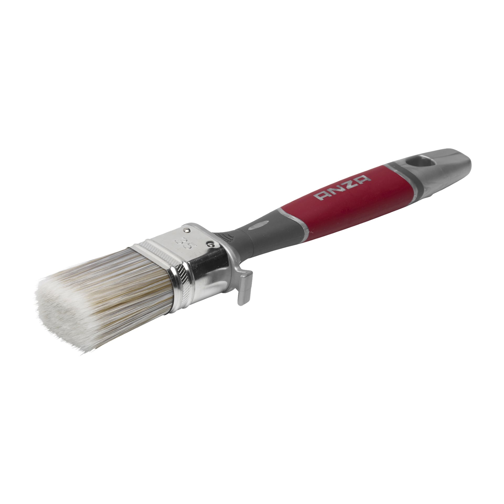 Anza Oval Brush Elite med vita borststrån, en silverhylsa och ett rött och grått handtag märkt "ANZA", inklusive ett hål i änden för upphängning.