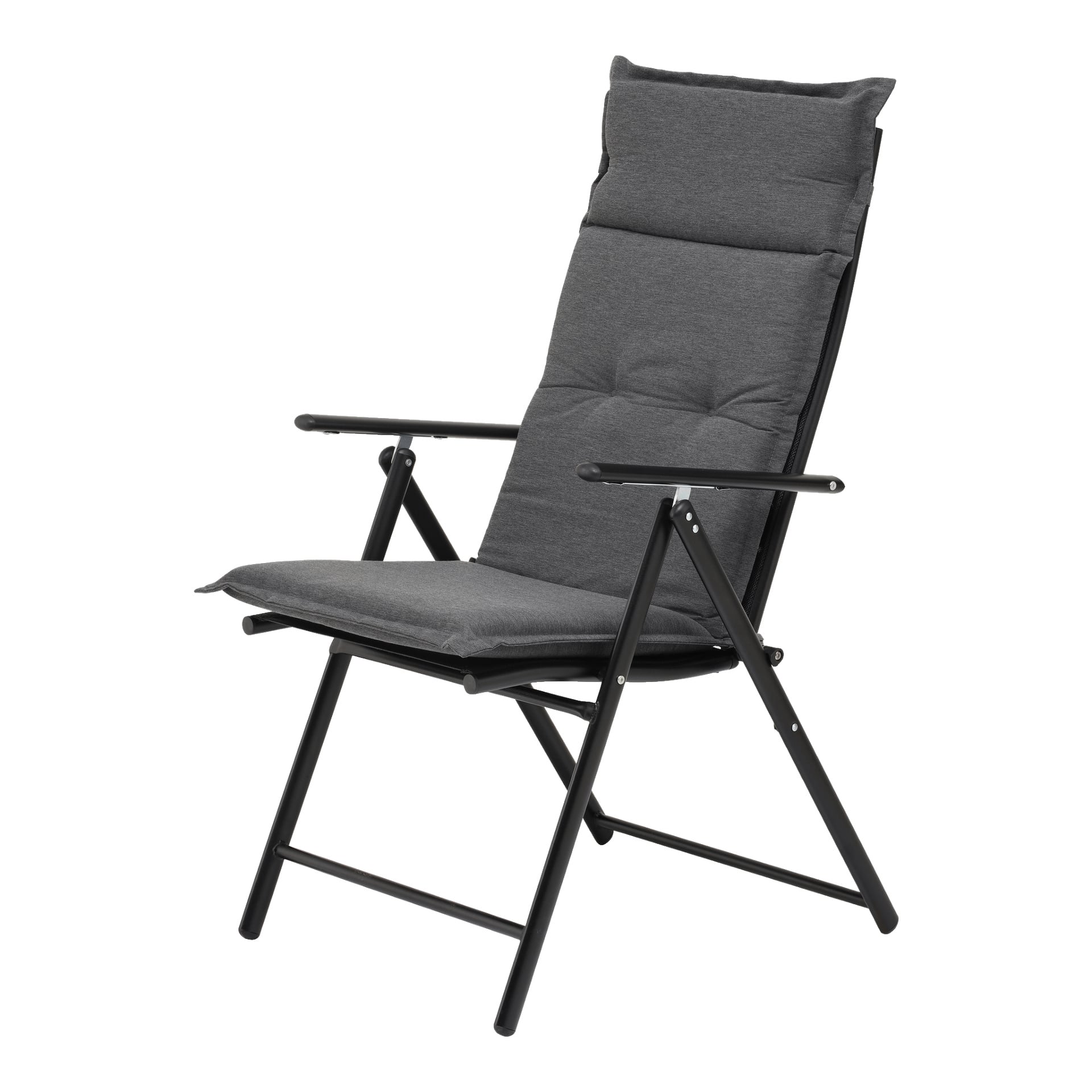 En EKVIP "Cushion with high back" visas i vänstervinkel. Stolen är gjord av svart metall, har armstöd, ett högt ryggstöd och mörkgrå vadderade dynor både på sätet och ryggstödet.