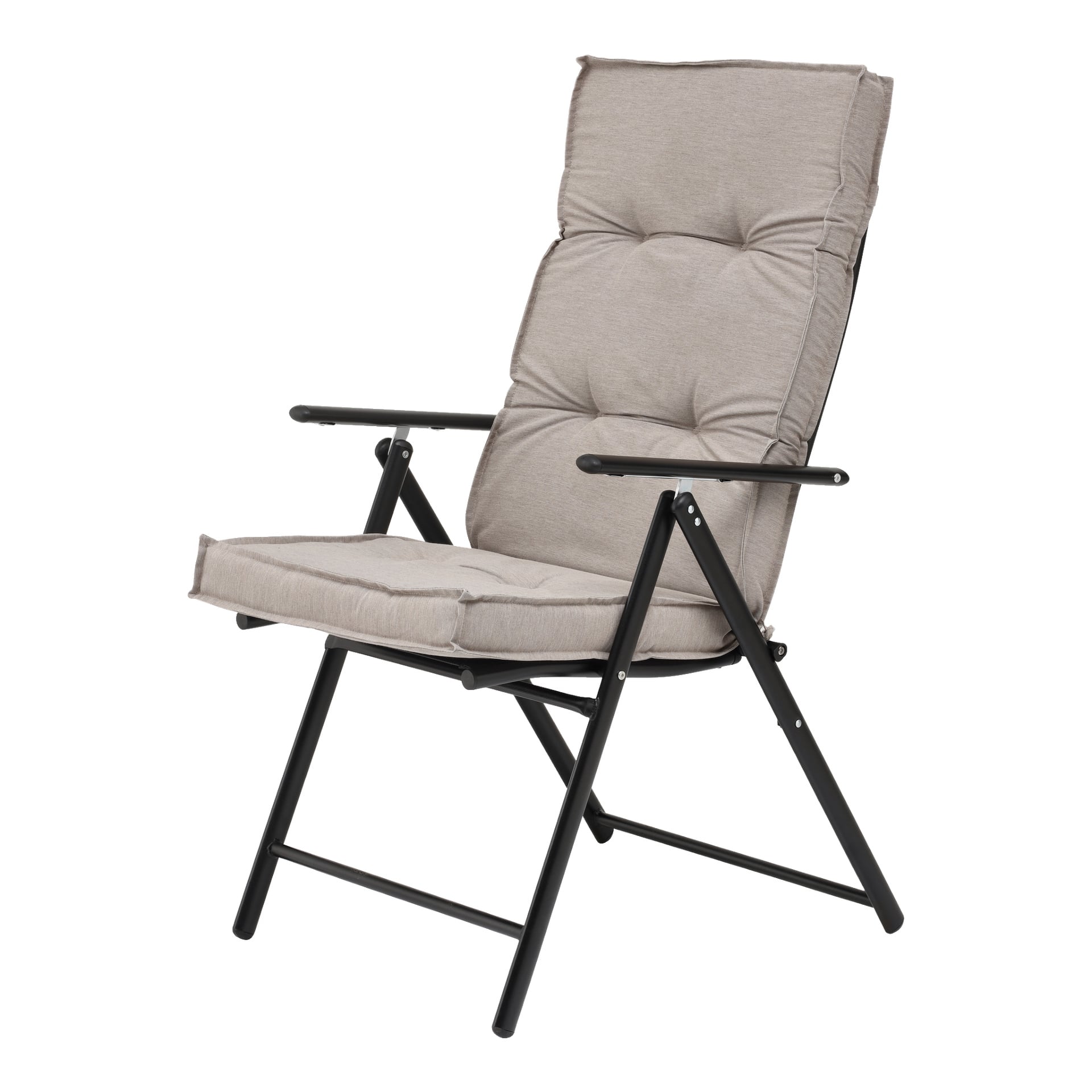 EKVIP Comfort-dynan med hög rygg är en beige vadderad fällstol med svart metallram, vadderad sits och ryggstöd samt vinklade armstöd.