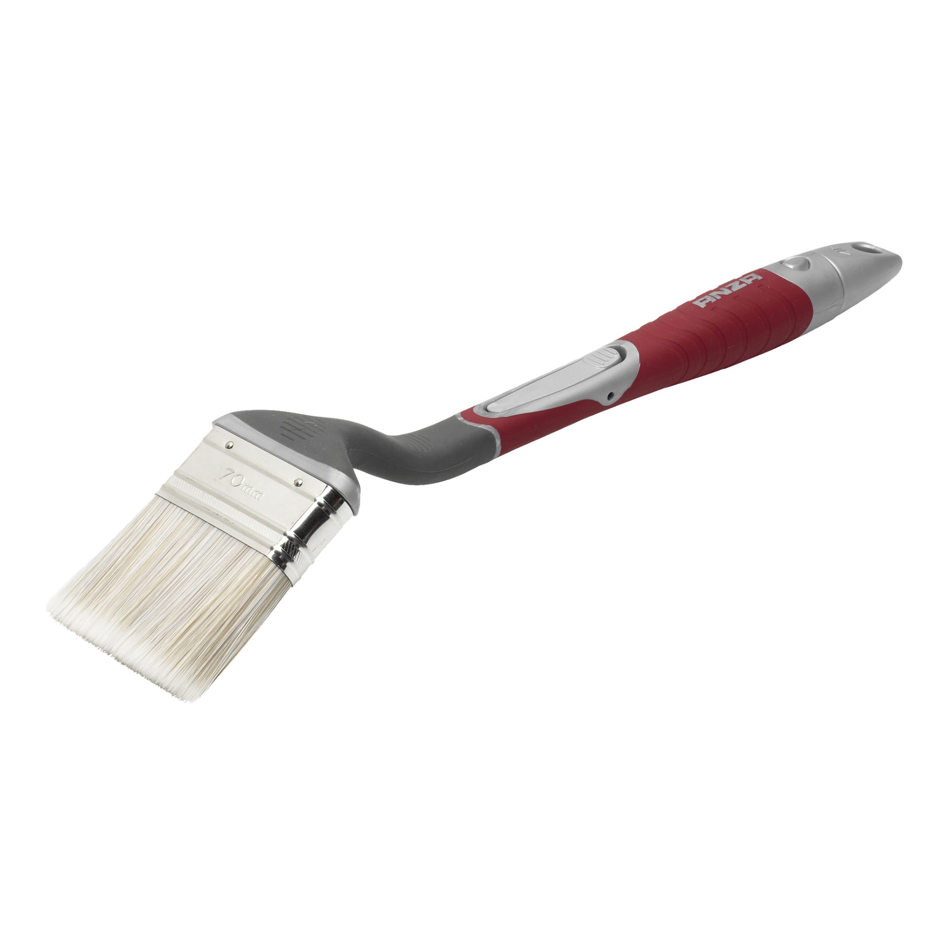 Anza Angled Brush Elite har vita borststrån, en metallring och ett ergonomiskt format rött och grått handtag med gummigrepp och ett hål att hänga i spetsen. Penselhuvudet är vinklat för att möjliggöra exakt målning.