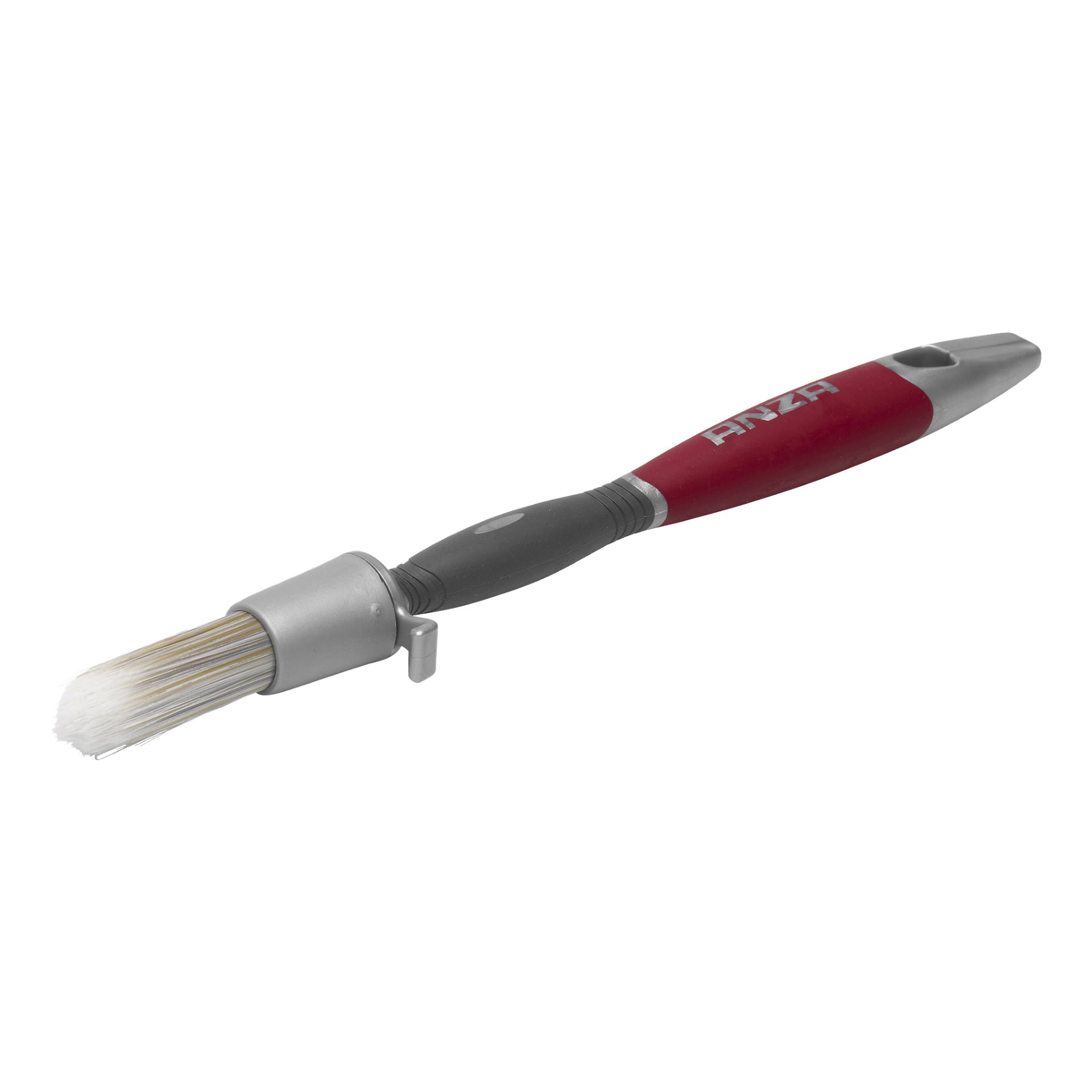 En Round brush Elite från Anza med ett ergonomiskt handtag i rött och grått, märkt "ANZA." Handtaget har ett hänghål i spetsen, vita borst som hålls fast av en metallhylse.