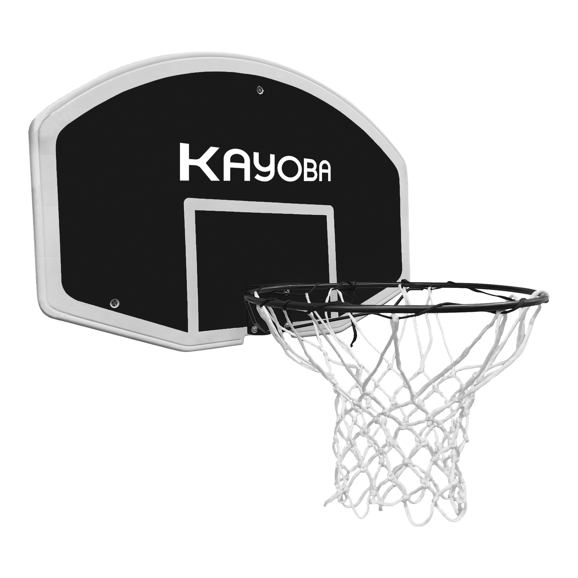 En svartvit väggmonterad basketkorg från Kayoba, med en rektangulär baksida som visade varumärket och ett vitt nät hängande från korgen.