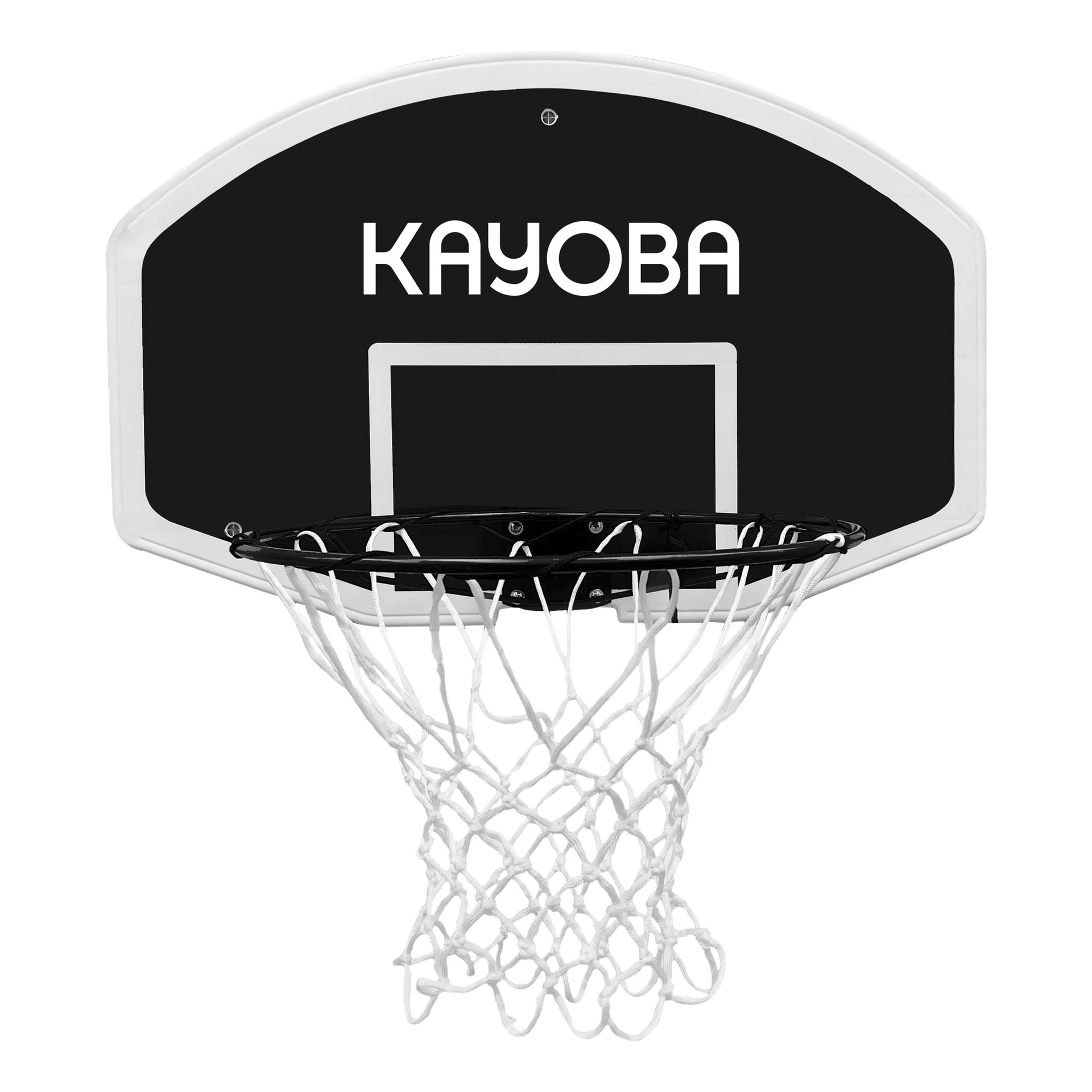 Framifrån av Kayoba Basketball Basket som visar en svartvit baksida med "Kayoba" skrivet högst upp, tillsammans med en svart ring och ett vitt nät hängande under.
