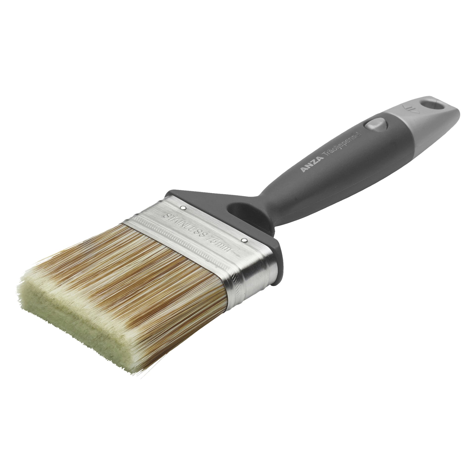 En bred Anza Wood Oil Brush Elite med ljusbeige borst, en blank silverfjäder och ett slankt svart handtag med hål att hänga i spetsen.