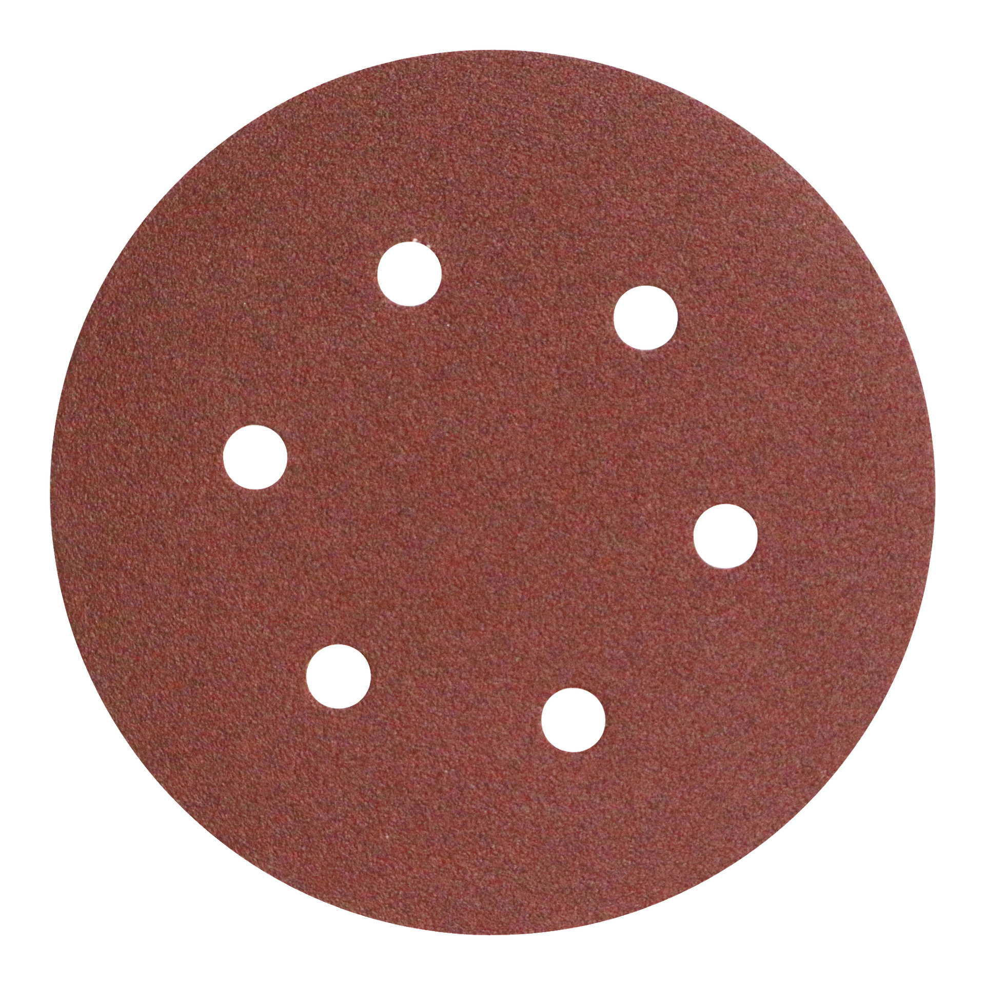 Ett Meec Tools Sanding Discs 5-paket visas och framhäver en cirkulär rödbrun skiva med sex jämnt fördelade hål som bildar en ring nära mitten.
