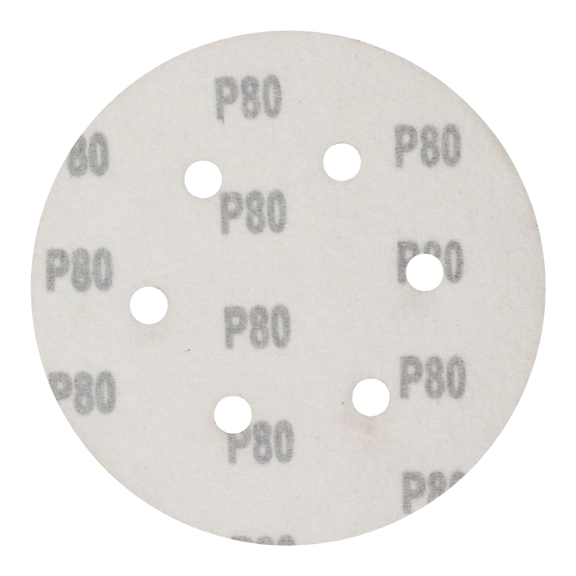 Meec Tools Sanding Discs 5-pack visar runda vita sandpappersskivor, var och en med sex jämnt fördelade hål och "P80" markerat i grått för att visa kornnivån.