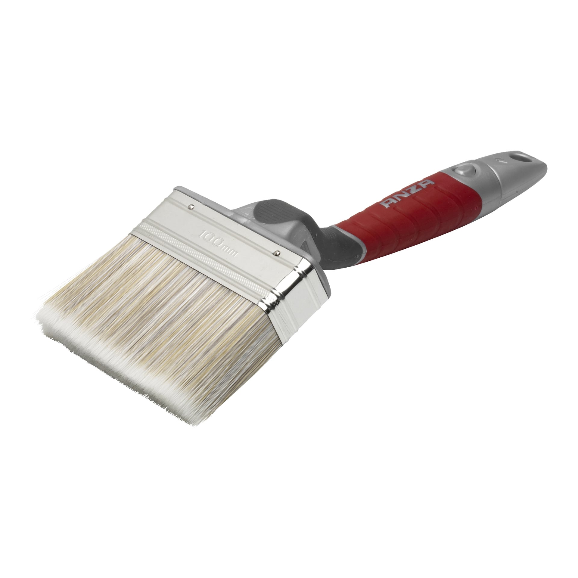 Anzas Exterior brush Elite har ett brett, ergonomiskt utformat handtag i rött och grått för bekväm användning, vita borst och en metallring.