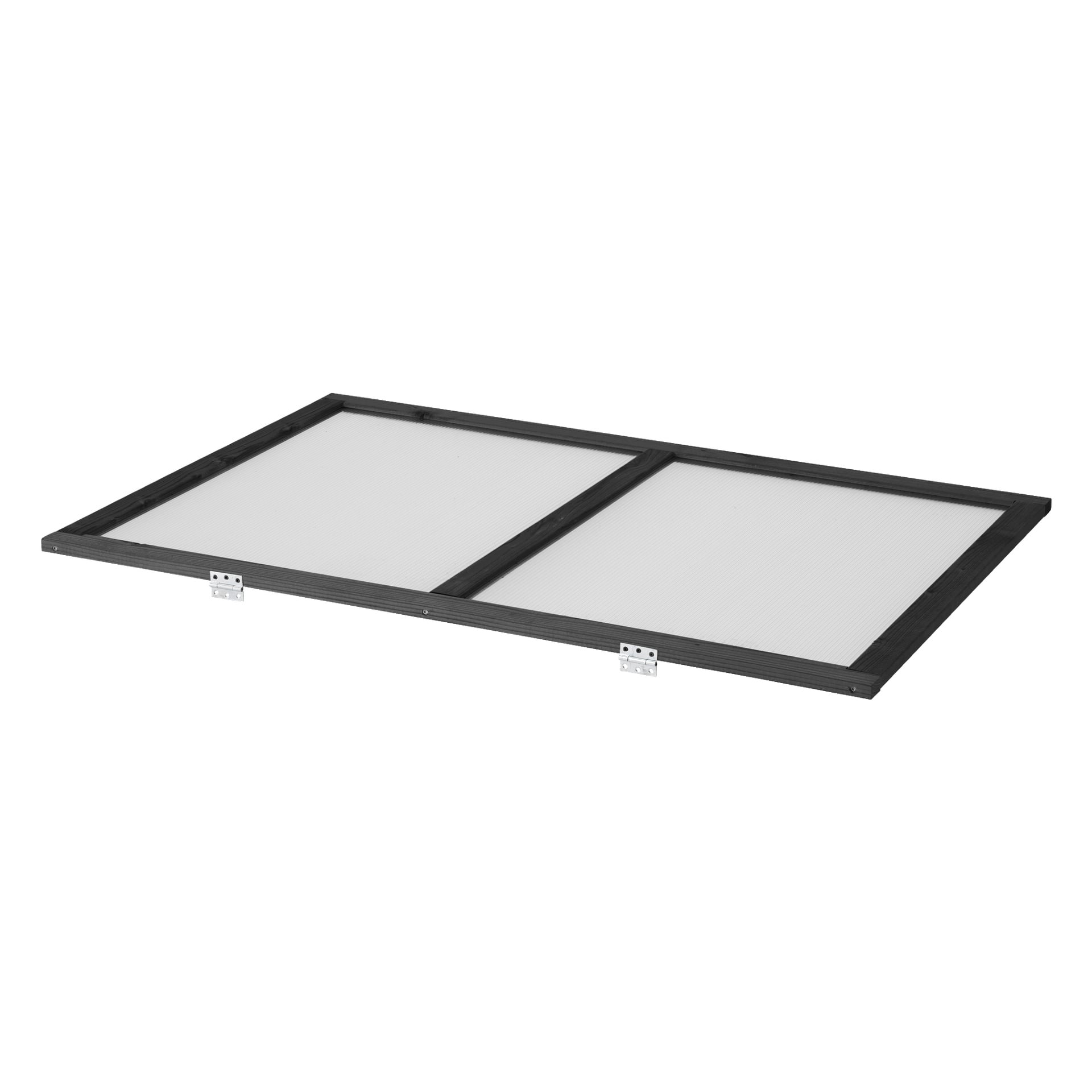 Hårdt huvud odlingskragsskydd med rektangulär form, svart kant, två metallfästen längs en lång kant och en genomskinlig vit mittpunkt som är sektionerad av både horisontella och vertikala stänger.