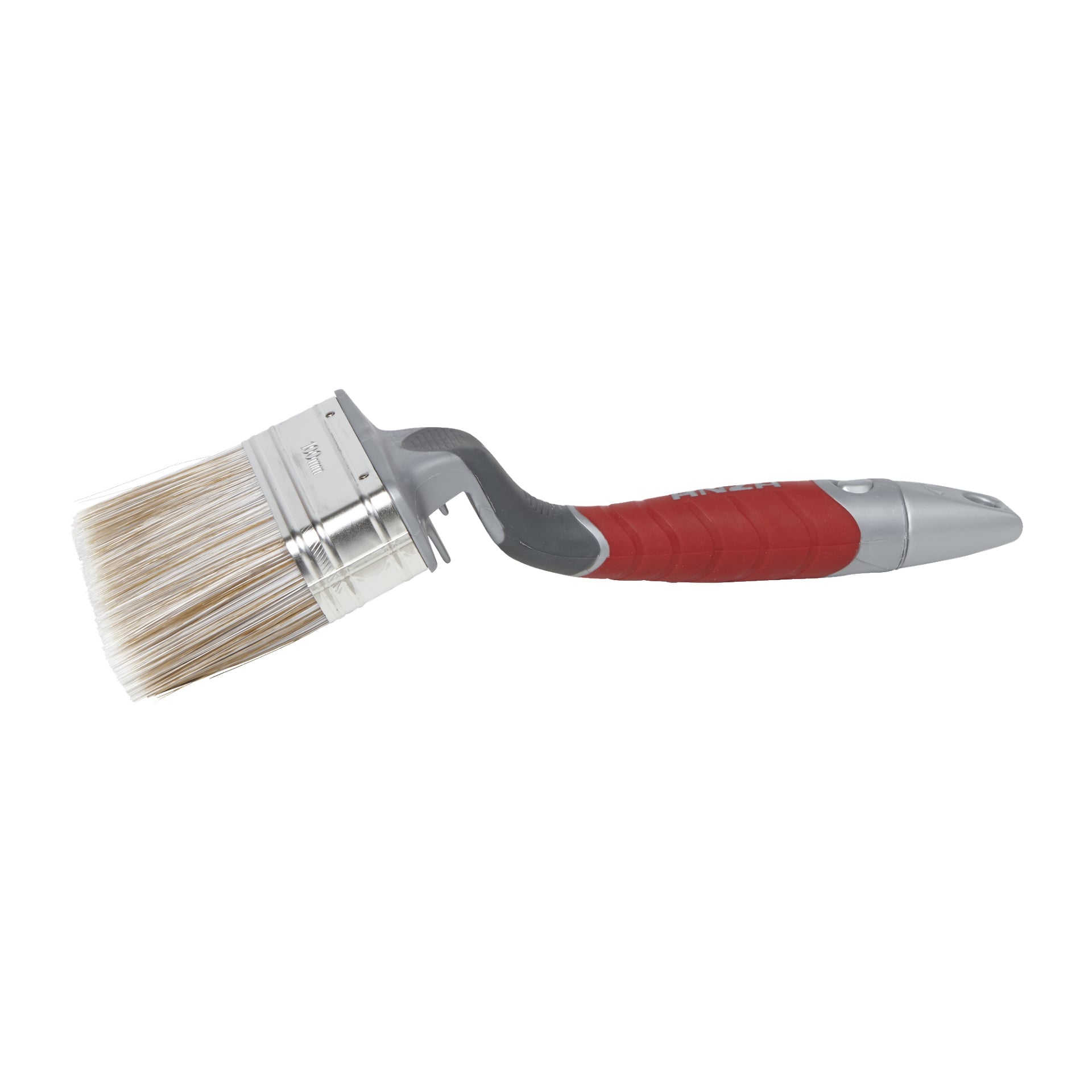 Anza Exterior brush Elite har vita borststrån, en silverfjäderring och ett grått handtag med ett rött gummigrepp. Handtaget är ergonomiskt böjt för användarkomfort.