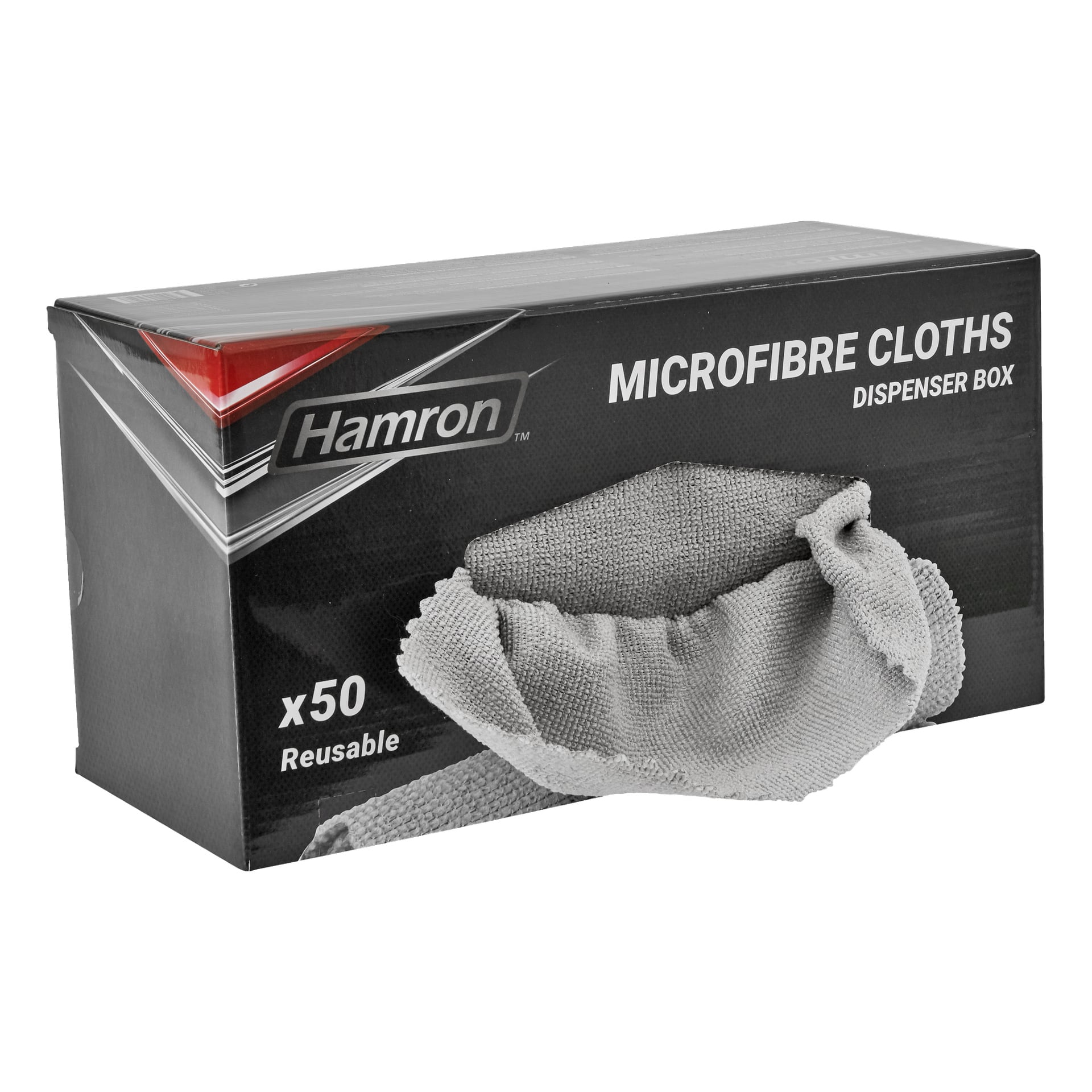 En svart och grå låda med orden Microfibre cloths 50 pack av Hamron, som visar ett grått tyg och anger 50 återanvändbara tyger.