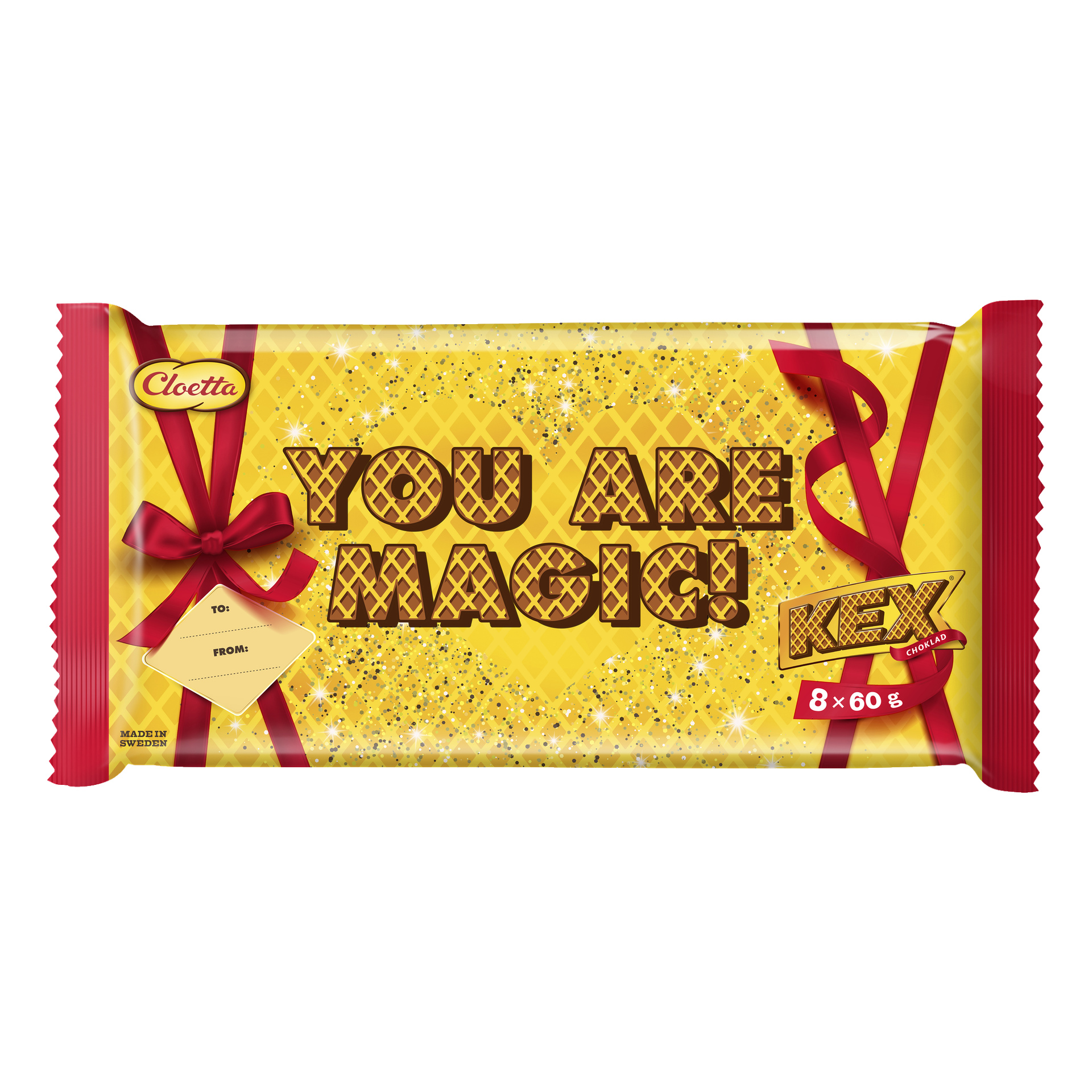 Ett gult 8-pack med Cloetta-chokladvaffel dekorerat med röda band och glittrande texter, med fetstilt text "DU ÄR MAGISK!" Förpackningen innehåller en presentlapp med tomma fält märkta TILL: och FRÅN:. Den innehåller 8 wafers, var och en väger 60 g.