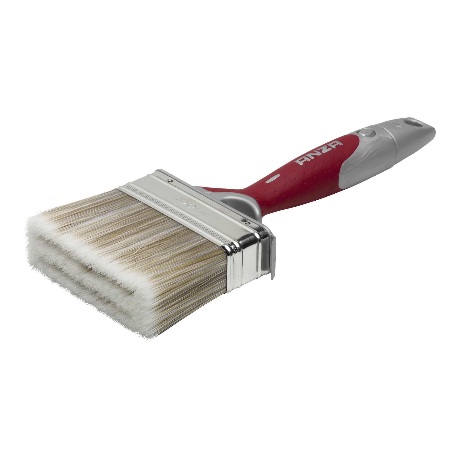 Anzas Facade brush Elite är en bred, platt pensel med skinande vita borststrån, en glänsande silverring och ett ergonomiskt format handtag i rött och grått som visar Anza-logotypen. Borsten ser helt oanvänd ut.
