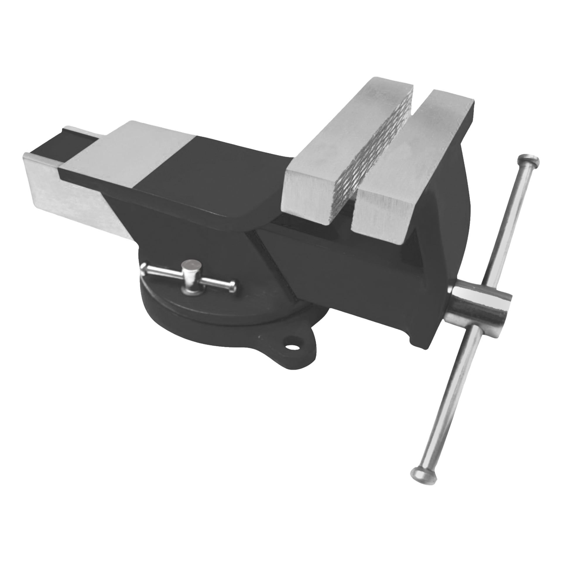 Meec Tools Vice är ett svart metallbänkskrus med svängbar bas, två blanka silverkäkar och ett metalliskt silverhandtag för justering. Byggd för styrka och pålitlighet, håller den säkert saker medan du arbetar.
