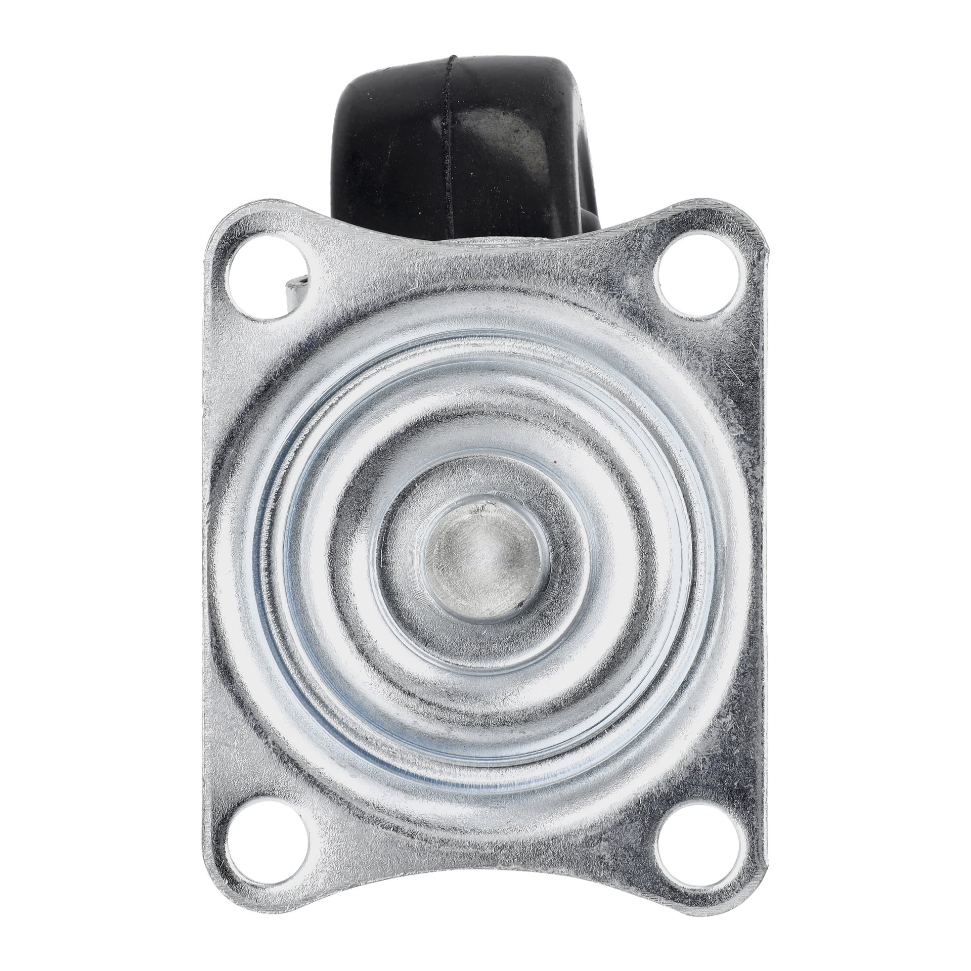 Detaljerad närbild av en Hard Head Wheel 4-pack metallgjut, med fyra monteringshål för att fästa vid möbler eller utrustning. Bilden framhäver hjulet ur monteringsplåtens perspektiv, med fokus på den cirkulära metalldesignen och den framträdande mittbulten.
