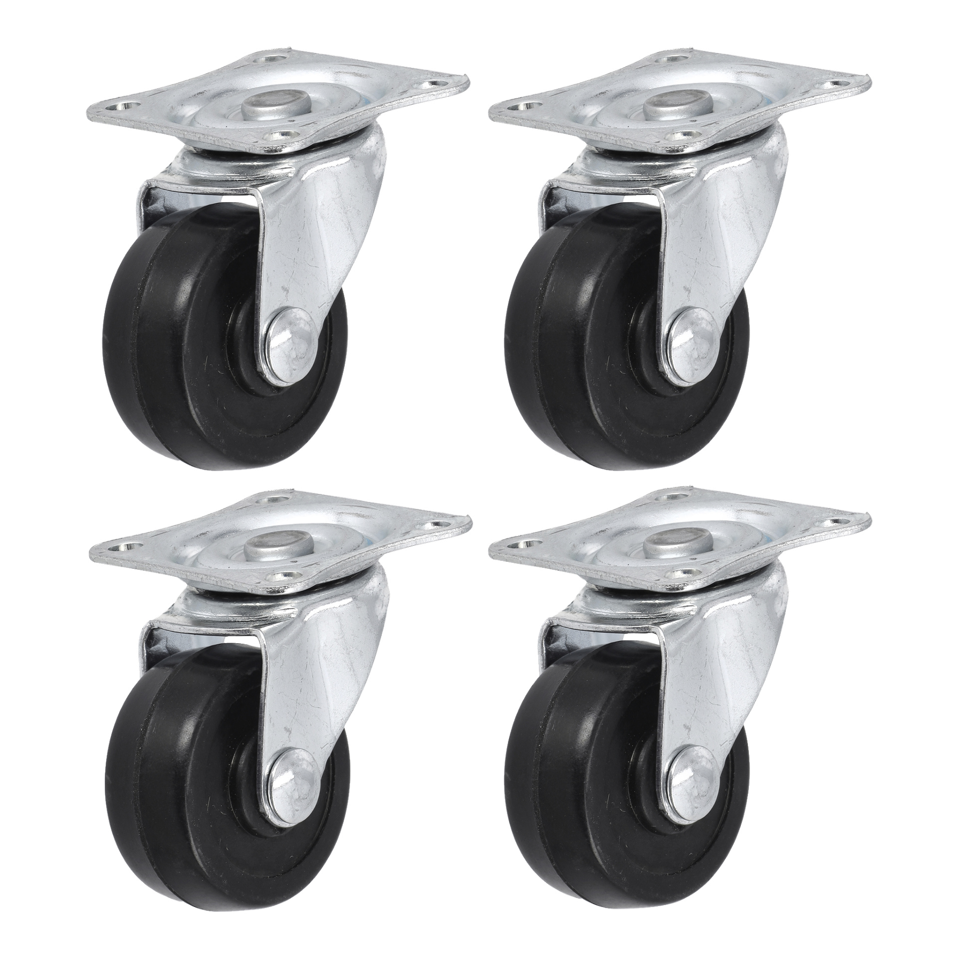 Fyra identiska svarta Hard Head svängbara hjul med silverfärgade monteringsplattor, säljs som 4-pack, är arrangerade i ett rutmönster.