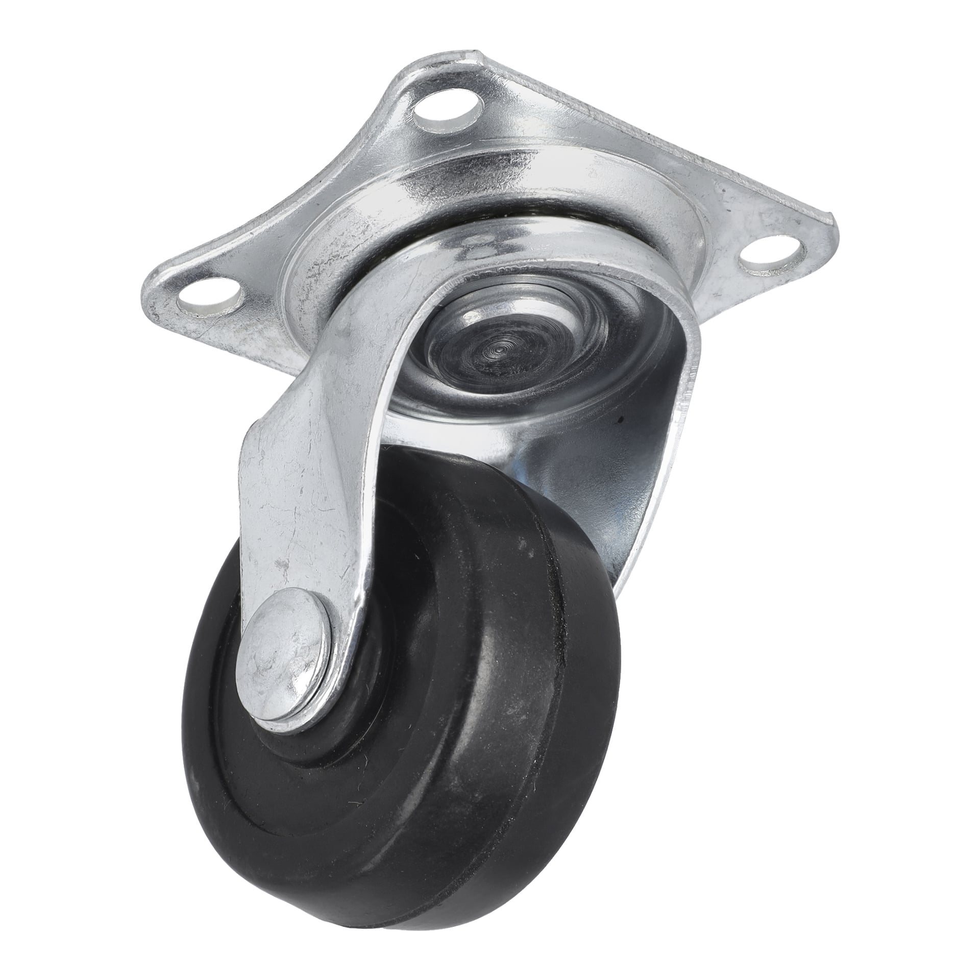 Närbild på ett enkelt svängbart hjulhjul från Hard Head Wheel-set 4-pack, som visar dess metallmonteringsplatta och svarta gummihjul.