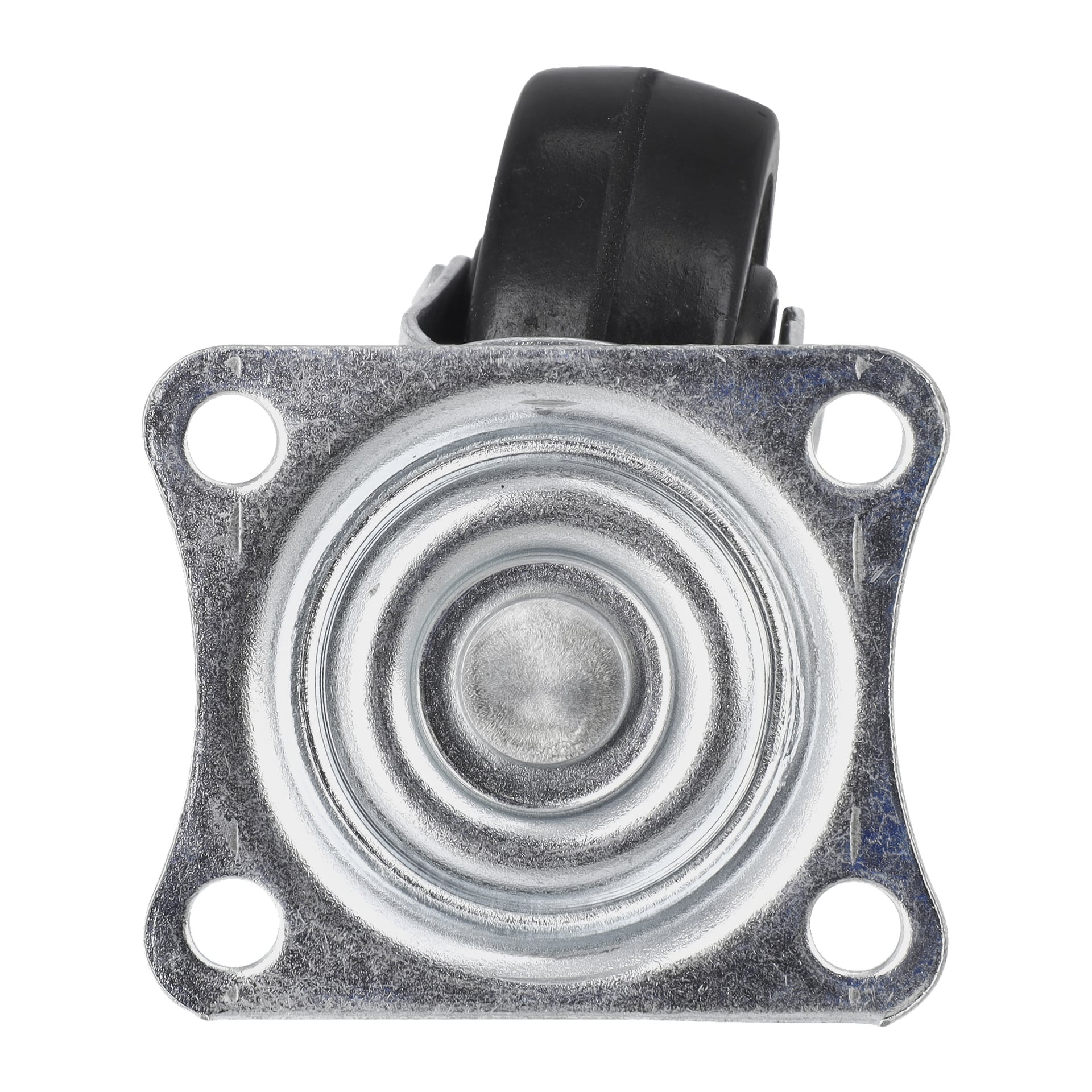 Ovanifrån vy av ett Hard Head Wheel från ett fyrpackset, med en metallsvänggjuta med en silvermonteringsplatta och fyra skruvhål. Det svarta hjulet är delvis synligt nära den övre kanten.