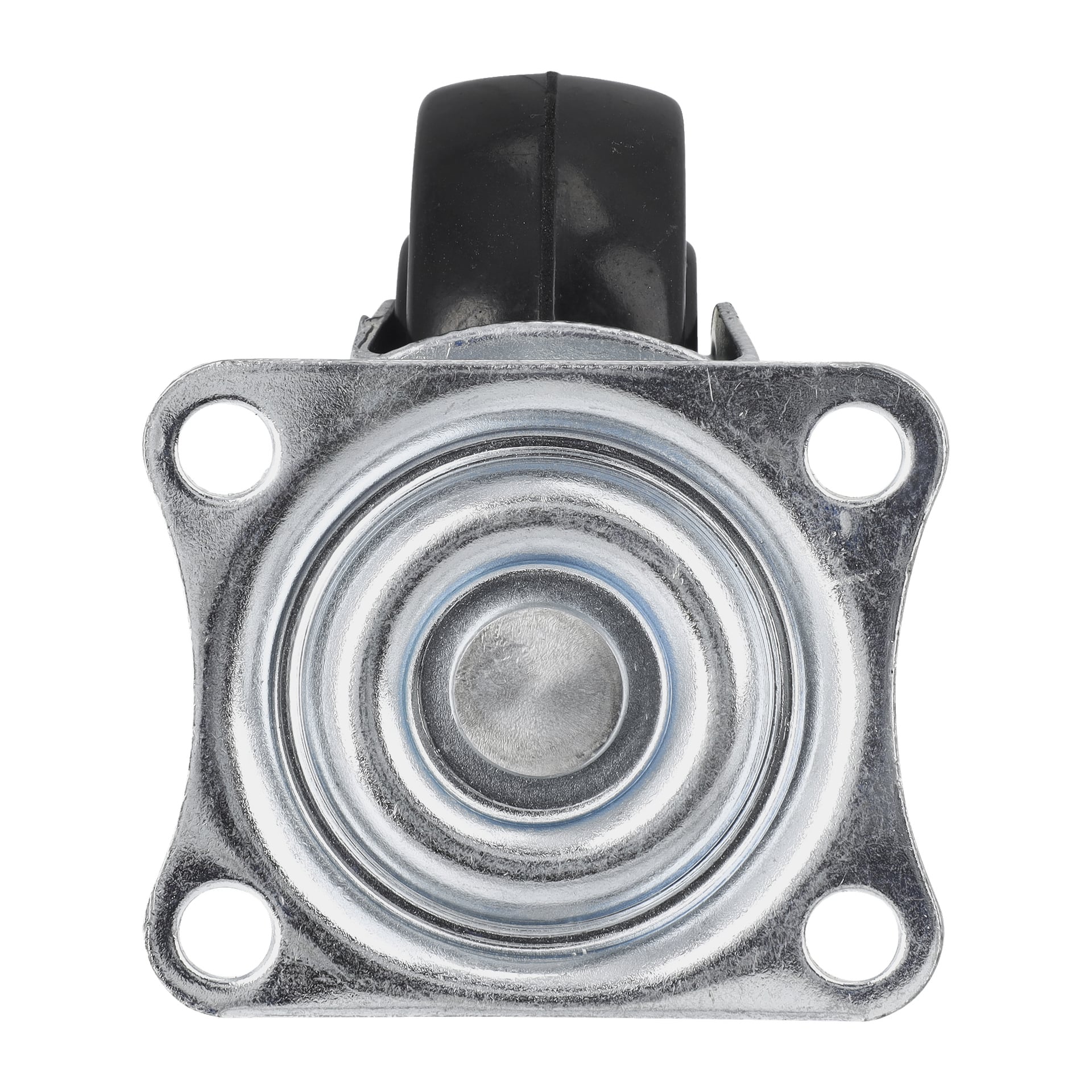 Detaljerad närbild av ett Hard Head Wheel från ett 4-pack-set, som visar metallhjulet med en platt monteringsplatta med fyra hål. Det svarta hjulet är delvis synligt mot toppen.