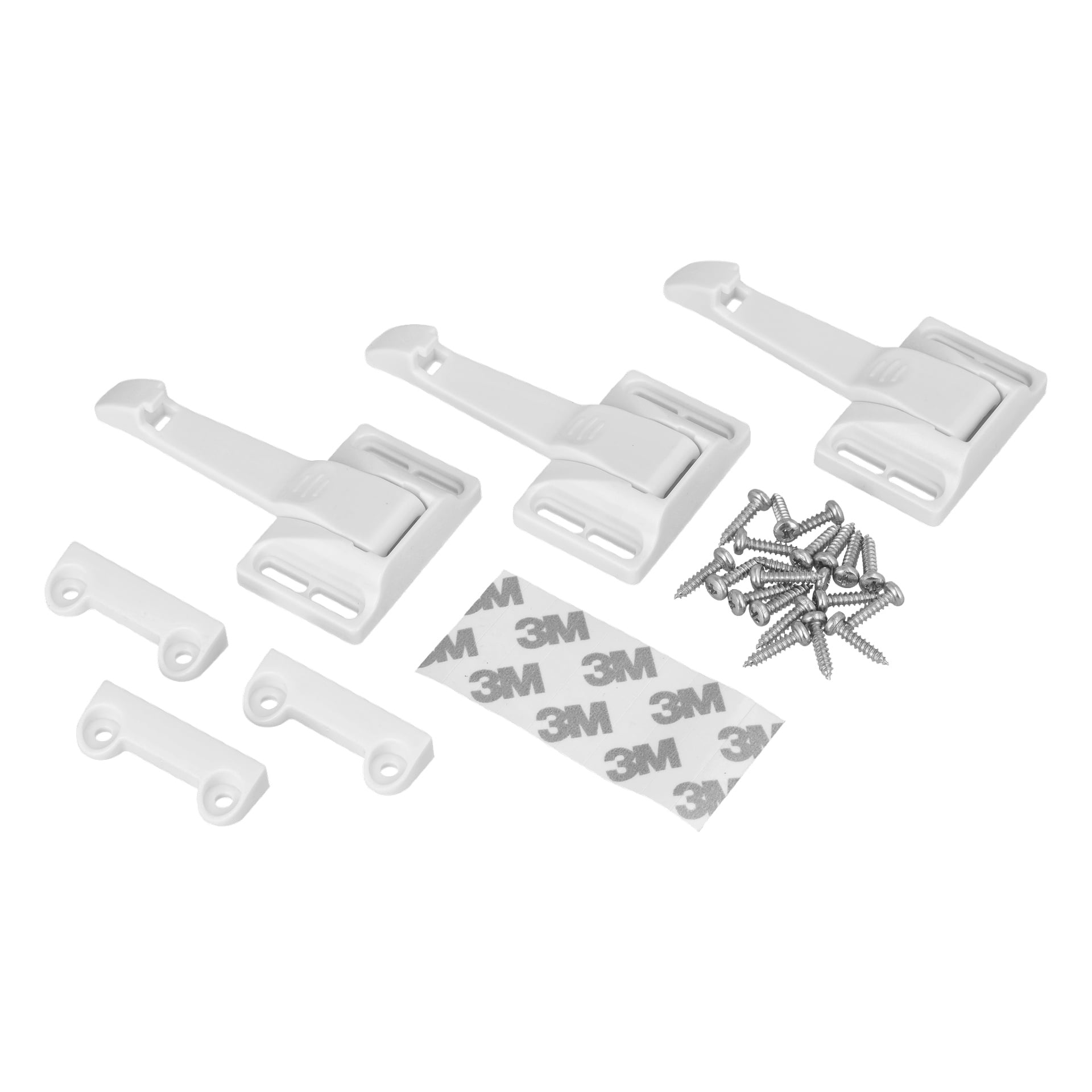 Tre paket med Hard Head Drawer and Cupboard Locks visas, var och en innehållande ett vitt plastsäkerhetslås, en limremsa, ett monteringsfäste och fyra skruvar.