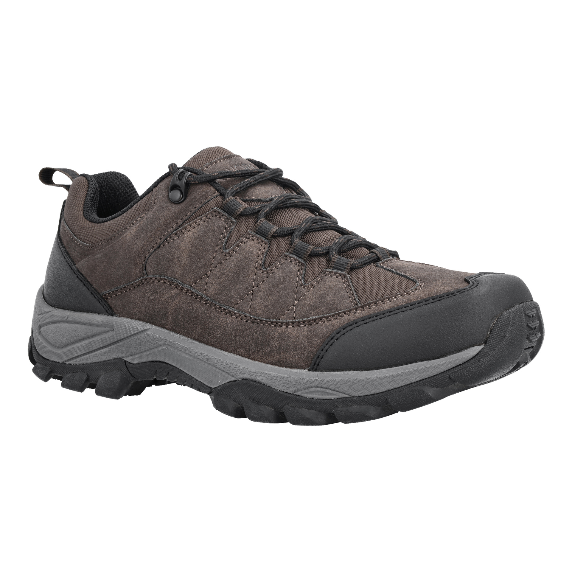Buty Kayoba Outdoor Casual mają połączenie kolorów brązowo-czarnych, grube podeszwy bieżnika, czarne sznurowadła oraz wzmocniony nosek z widocznym przeszyciem. Wzór wyposażony jest w wycieśnięty kołnierz dla komfortu oraz zakładkę na pięcie, która ułatwia zakładanie i zdejmowanie.