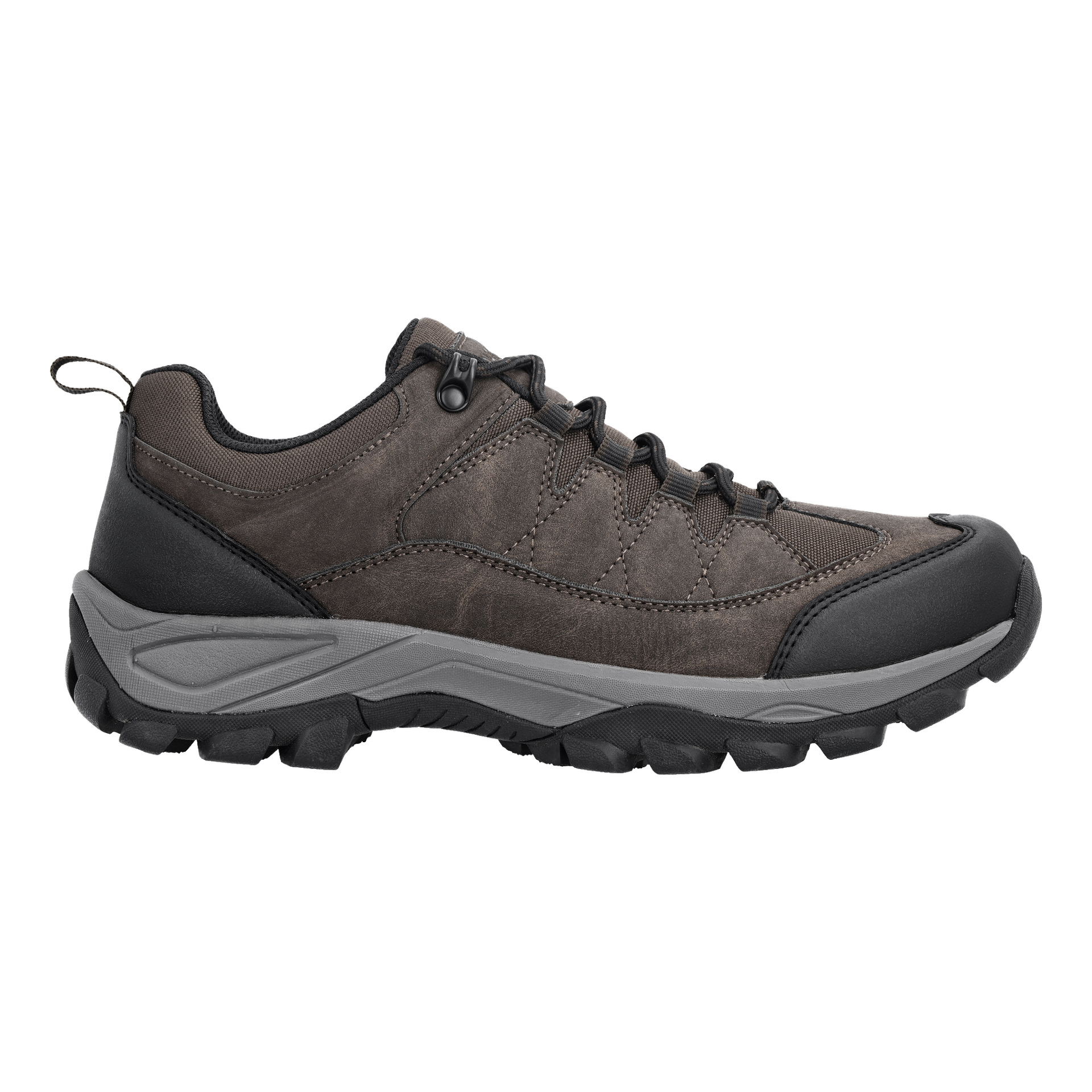 Para butów Kayoba Outdoor Casual w kolorze brązowo-czarnym z wytrzymałymi, fakturowanymi podeszwami i czarnymi sznurowadłami, pokazana z boku.