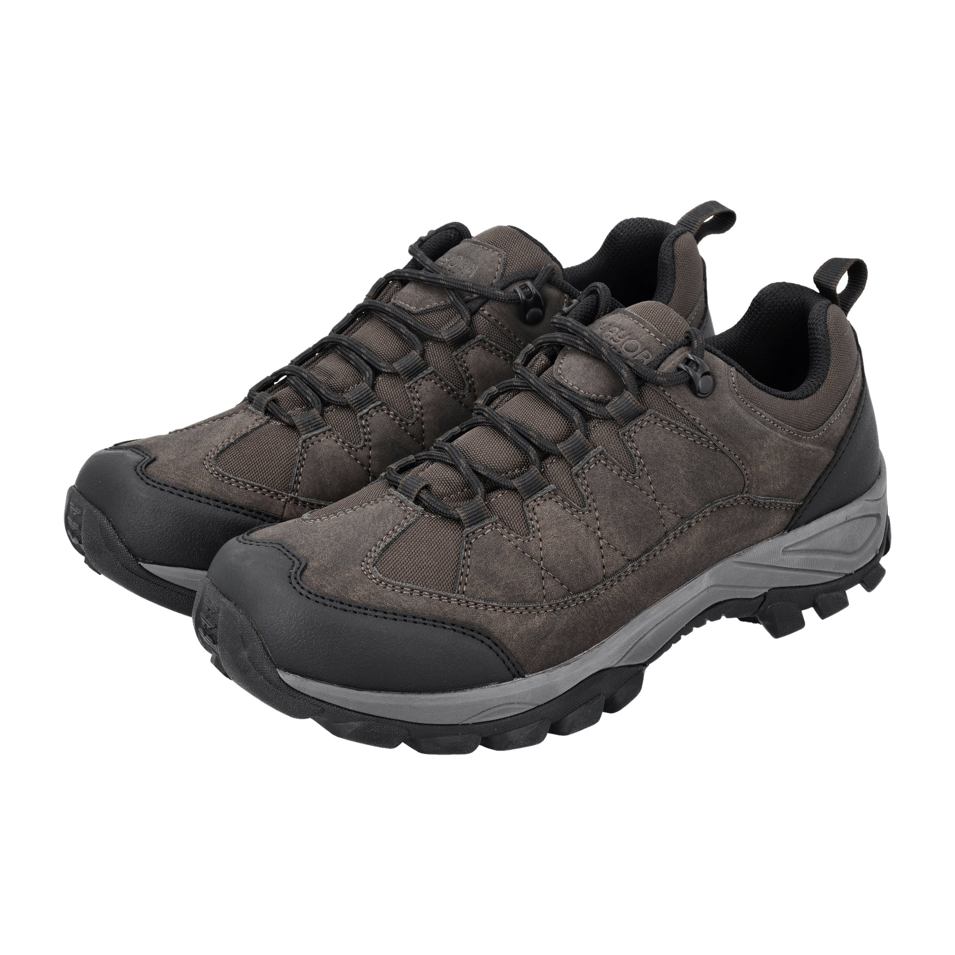 Brązowe buty Kayoba Outdoor Casual z czarnymi podeszwami i sznurowadłami, stworzone do aktywności na świeżym powietrzu. Buty mają trwałe, wzmocnione sekcje i wytrzymałe wzory bieżnika dla lepszego wsparcia i przyczepności.