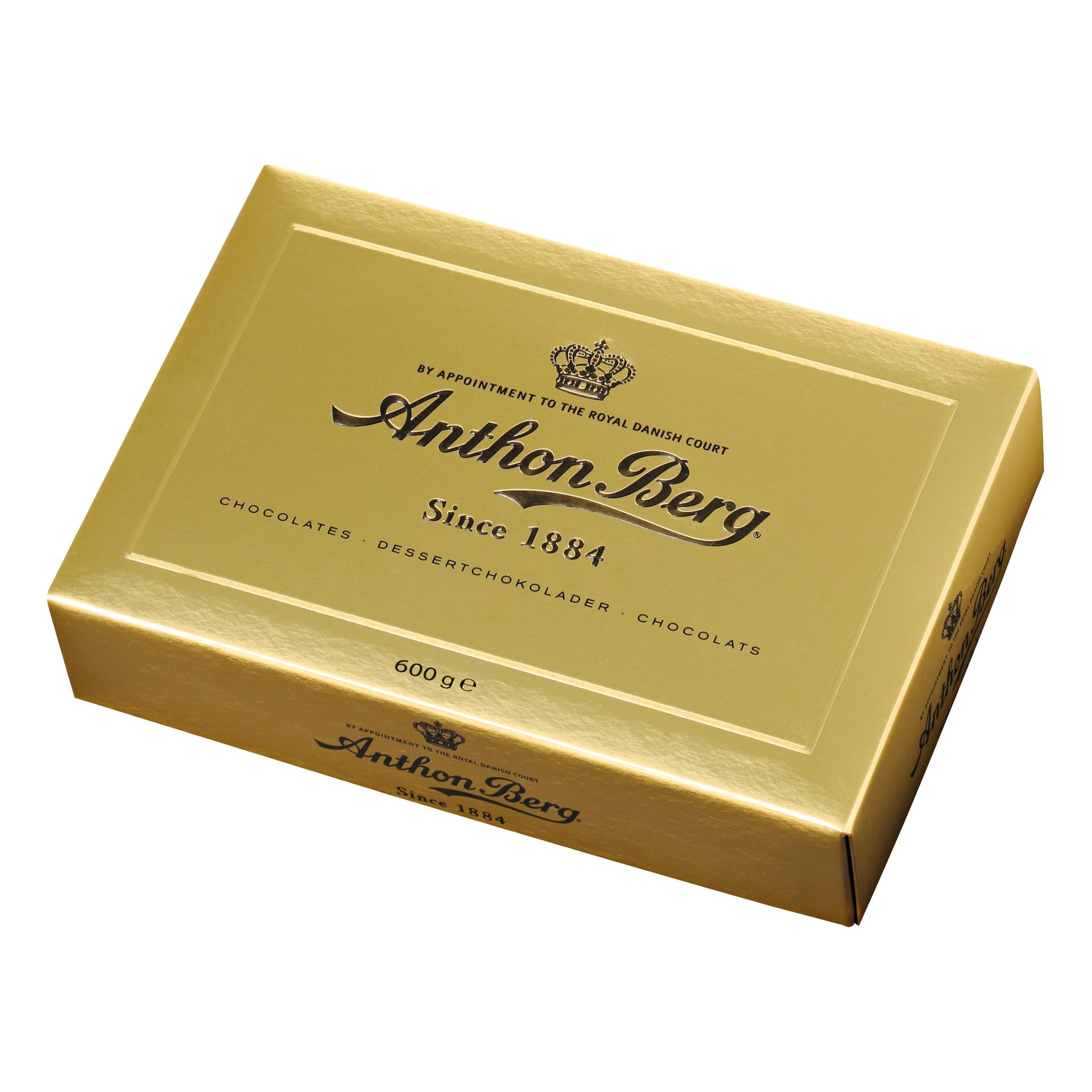 Guld Anthon Berg chokladask märkt By Appointment to the Royal Danish Court, med märkning och 600 g nettovikt.