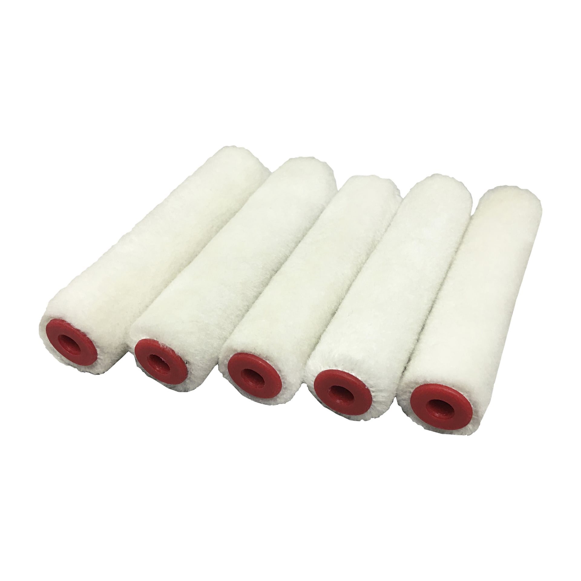 Fem Hard Head Roller 5-paknings malingsrulledeksler med røde endehetter diagonalt stilt opp.
