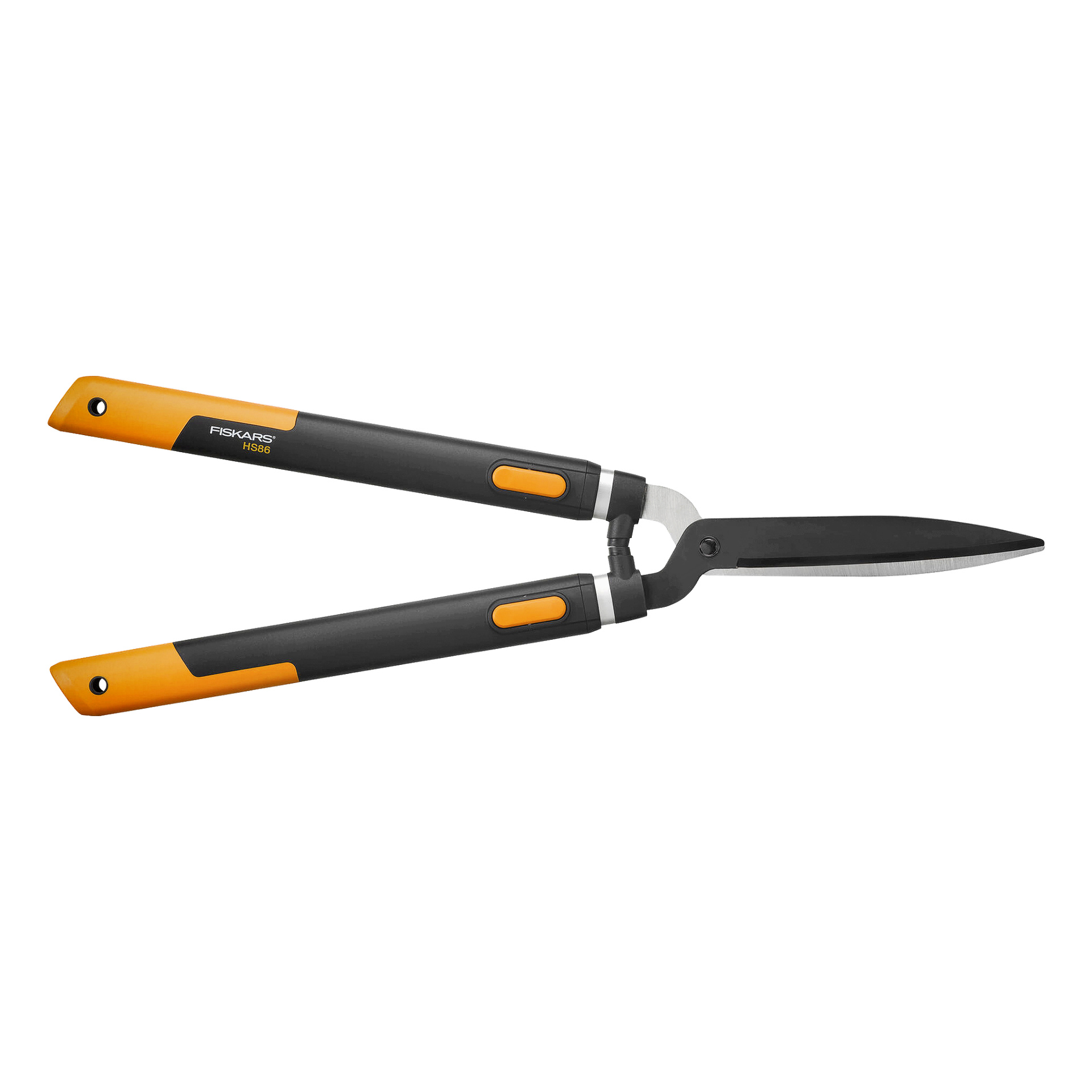 Ein Fiskars Teleskopheckenschneider SmartFit HS86 mit schwarzen und orangefarbenen Griffen und silbernen Klingen.