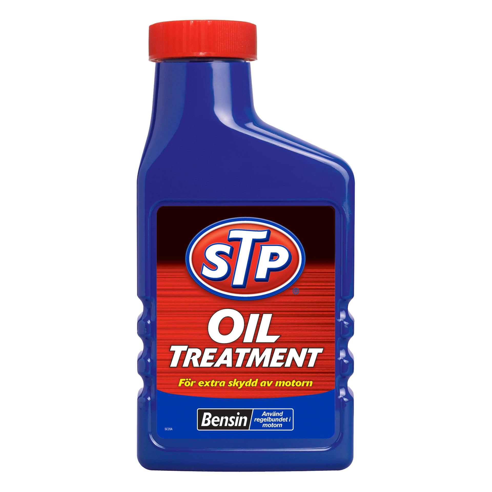 En blå plastflaska med en röd kork märkt "STP Oil Treatment." Etiketten har STP-logotypen ovanför produktnamnet.