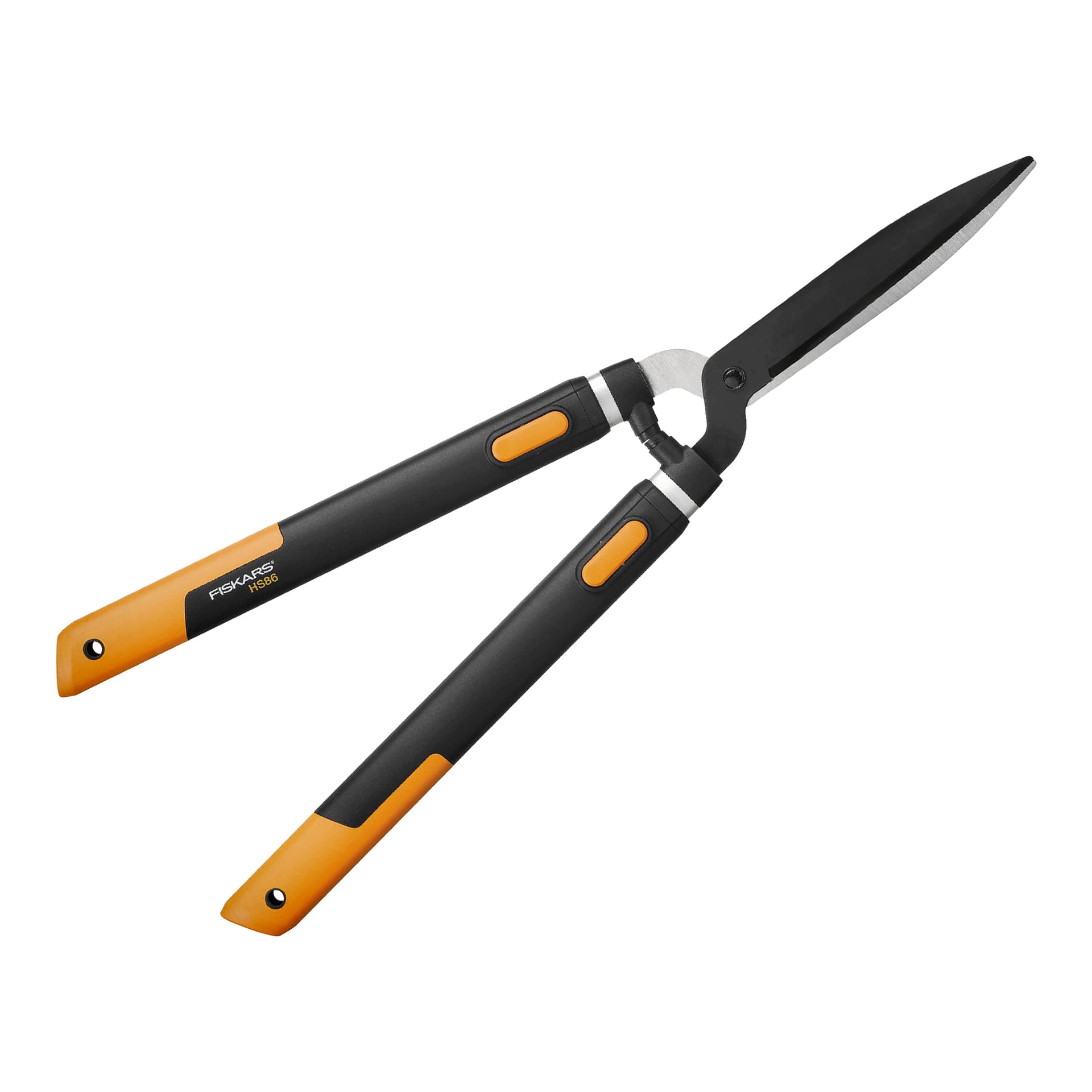 Ein Fiskars Teleskopheckenschneider SmartFit HS86 mit schwarzen Klingen und Griffen in Orange und Schwarz.