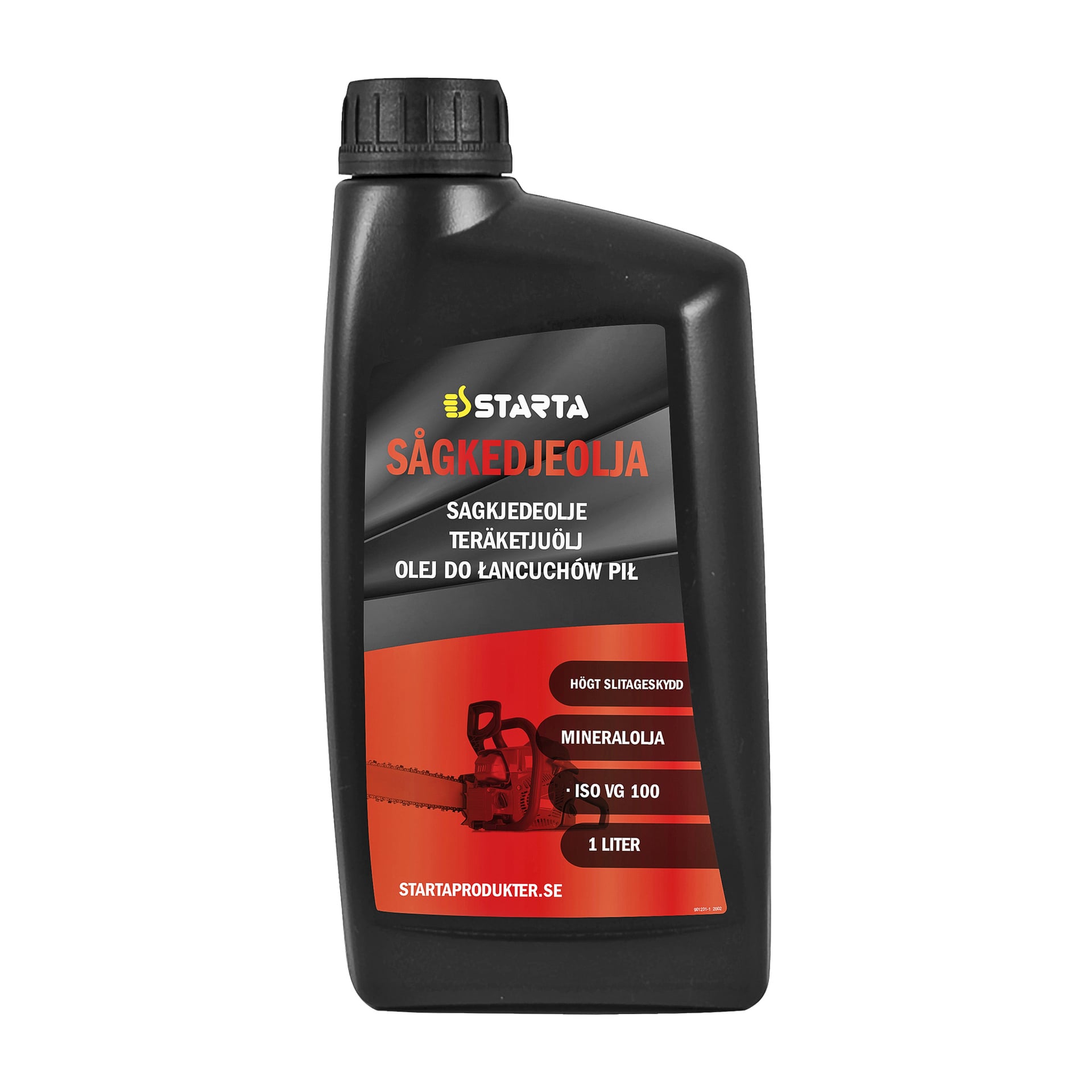 En 1-liters svart plastflaske med Starta Saw kjedeolje VG-100 med en rød og svart etikett som viste produktdetaljer og et bilde av en motorsagkjede.