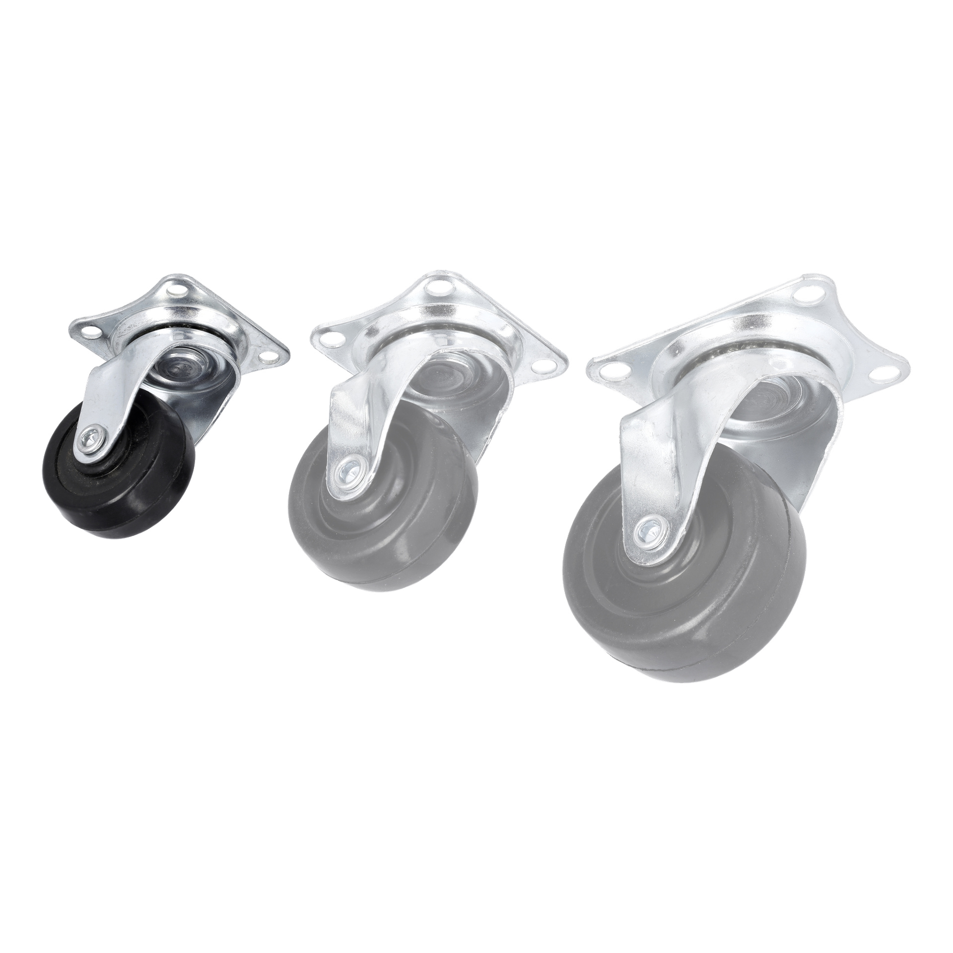 Fyra metallhjul med svängbara hjul från Hard Head Wheel Set är uppradade i storleksordning från vänster till höger. Varje hjul har ett svart gummihjul och är utrustat med en metallmonteringsplatta.