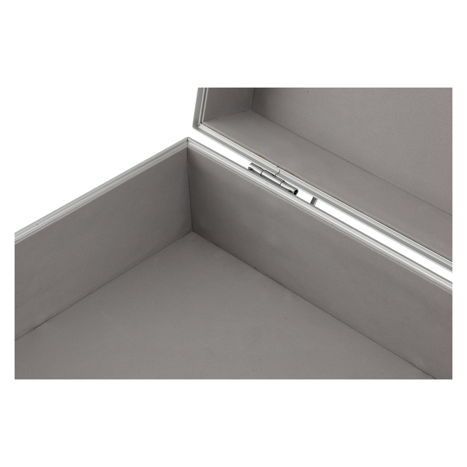 En detaljerad närbild av det inre hörnet av ett öppet Hard Head Aluminium-fodral visar dess tygklädda yta, robusta metallgångjärn och gångjärnslock.