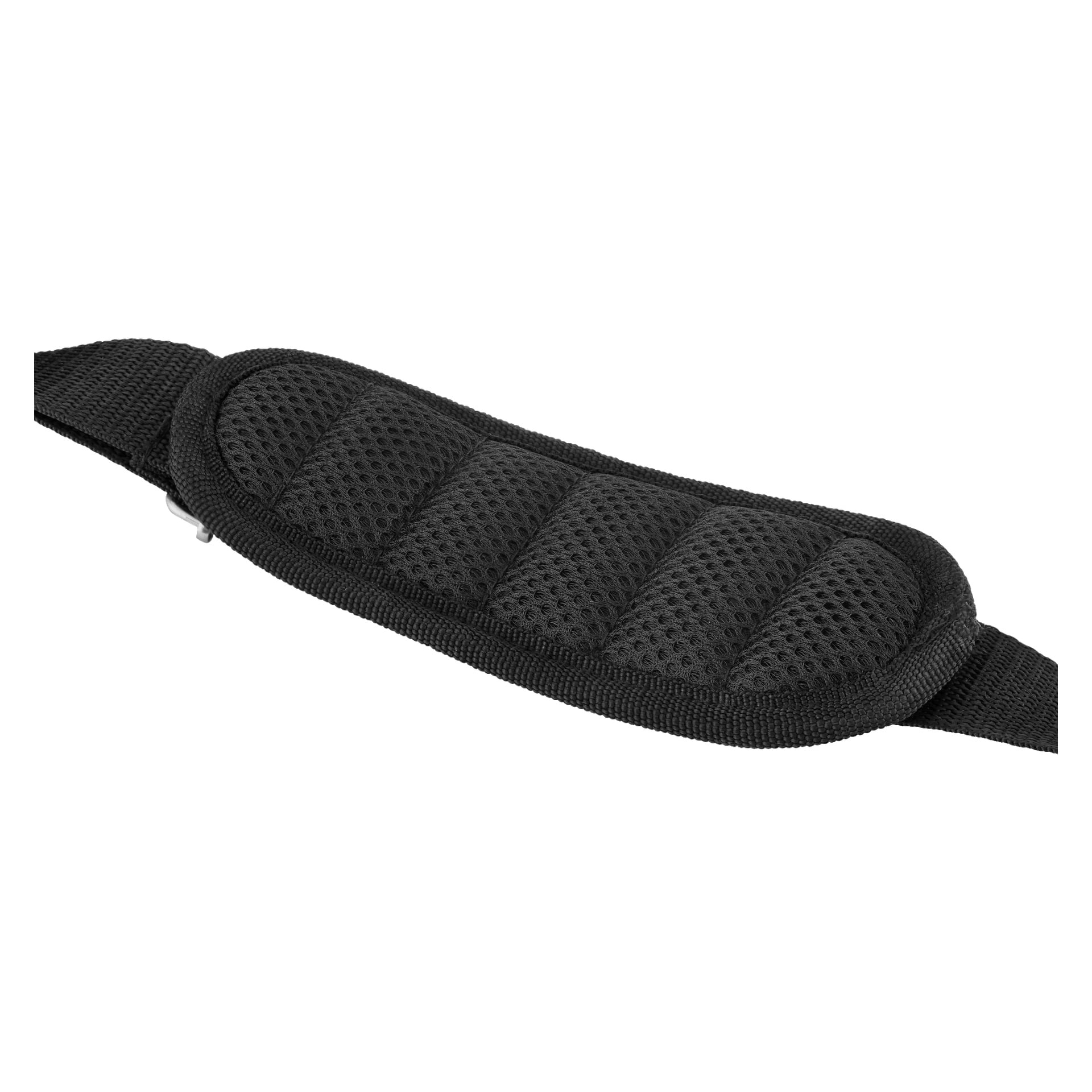 En närbild av ett svart, vadderat axelband med nätstruktur från Hard Head Aluminium-fodralet, som visar framträdande sömmar och justerbar webbing i båda ändar.