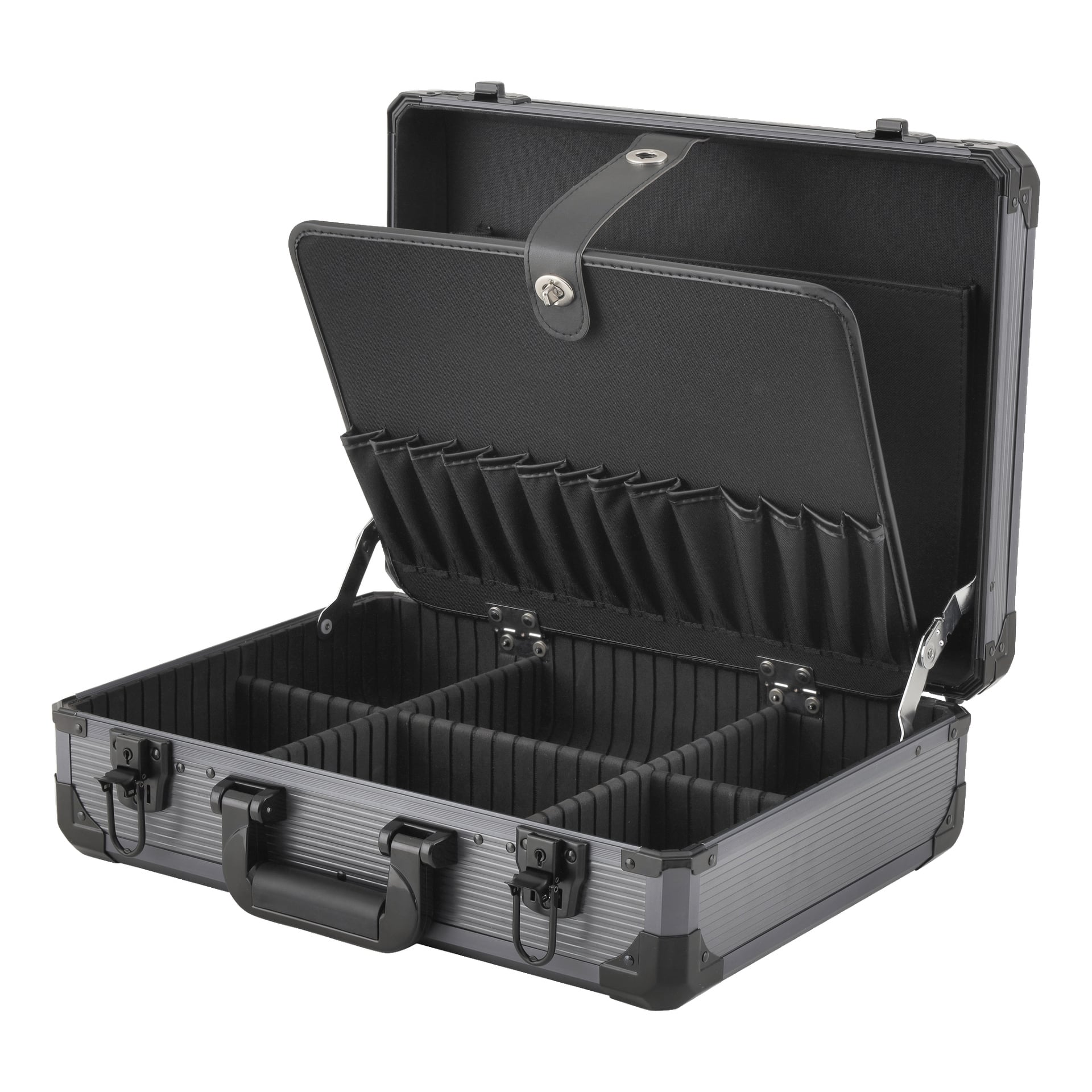 Ett silverfärgat Hard Head aluminiumfodral står öppet och visar dess svarta inre med avdelare och dedikerade fack för dokument. Det stadiga handtaget är synligt, och det uppstötta locket avslöjar de prydligt ordnade facken inuti.